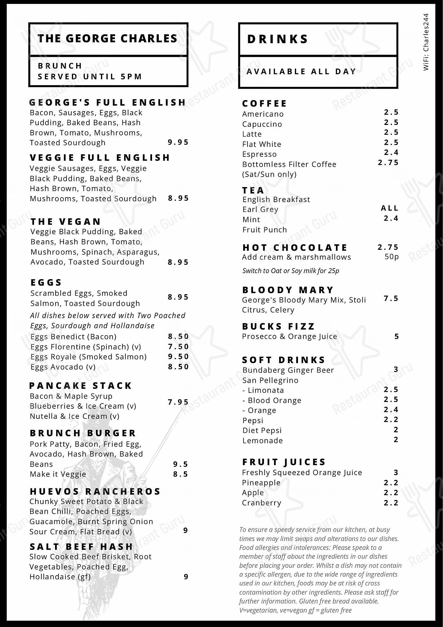 Меню паба и бара The George Charles - Menu Dinner