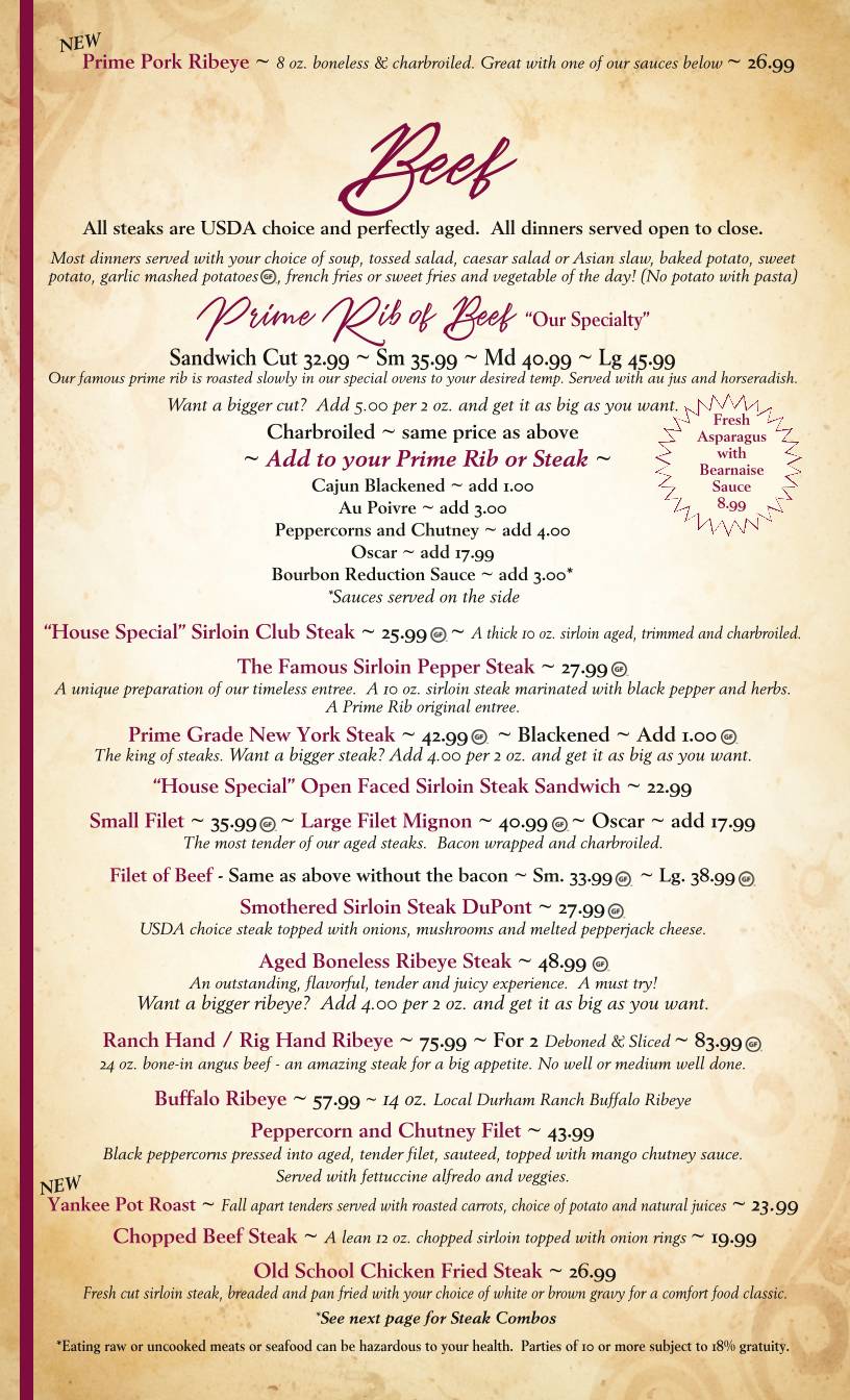 The Prime Rib Restaurant & Wine Cellar меню