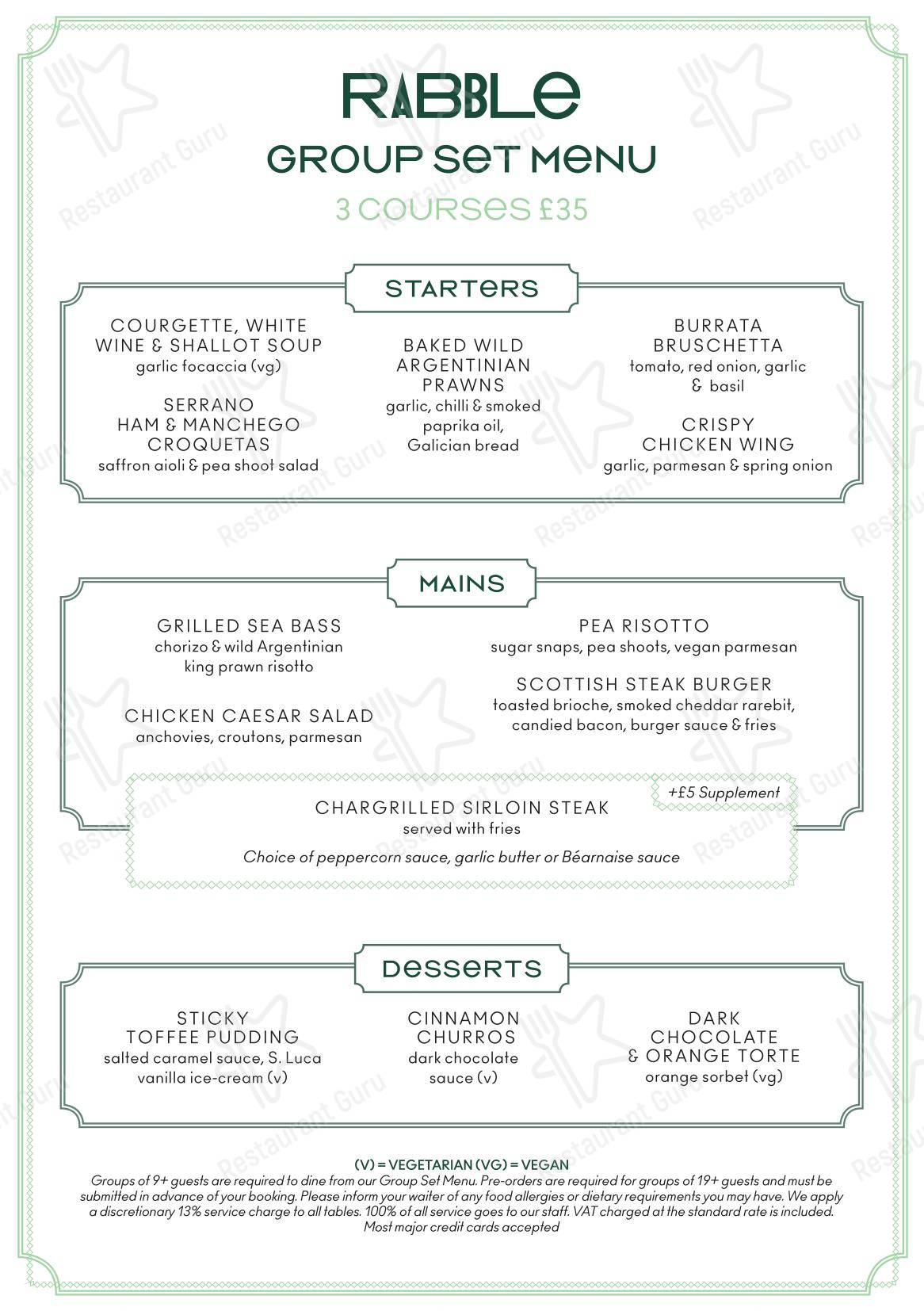 Group Booking Menu паба и бара Rabble