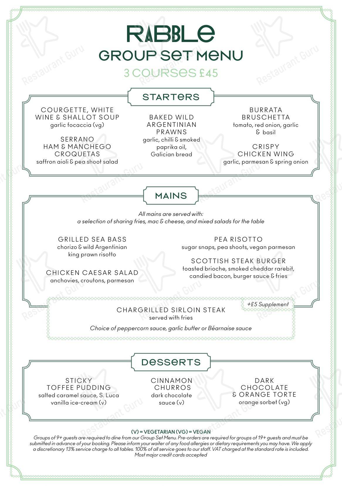 Rabble в Эдинбурге - Group Booking Menu