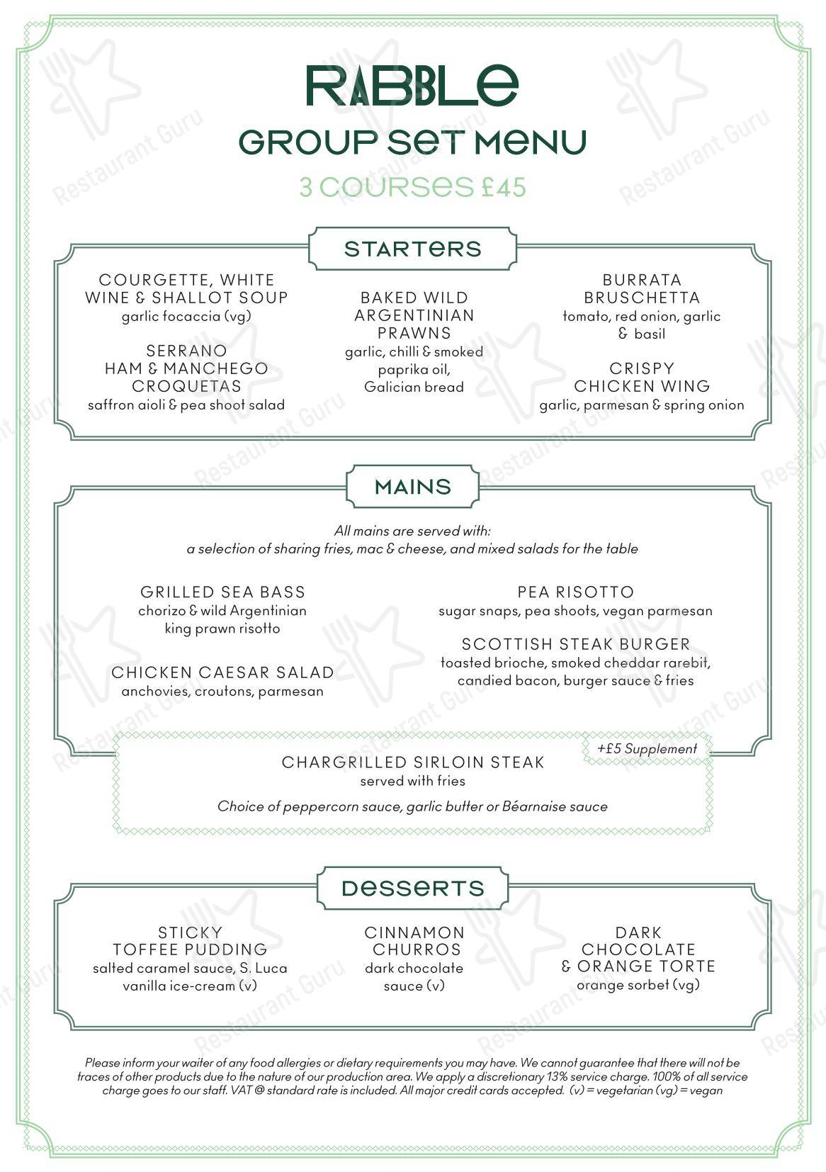 Table Menu паба и бара Rabble в Эдинбурге