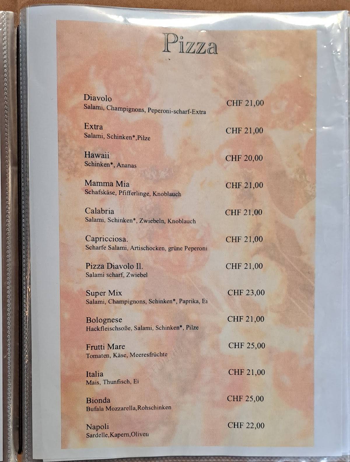 Restaurant Pizzeria Simplon Blick меню