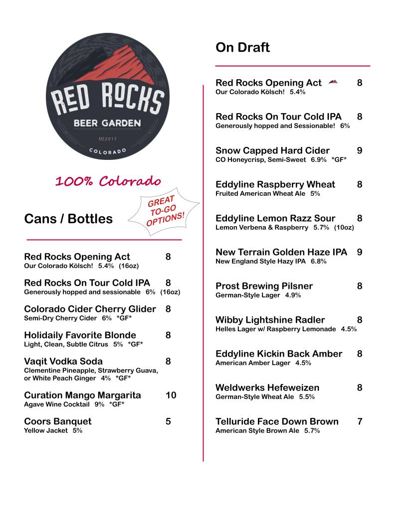 Red Rocks Beer Garden меню