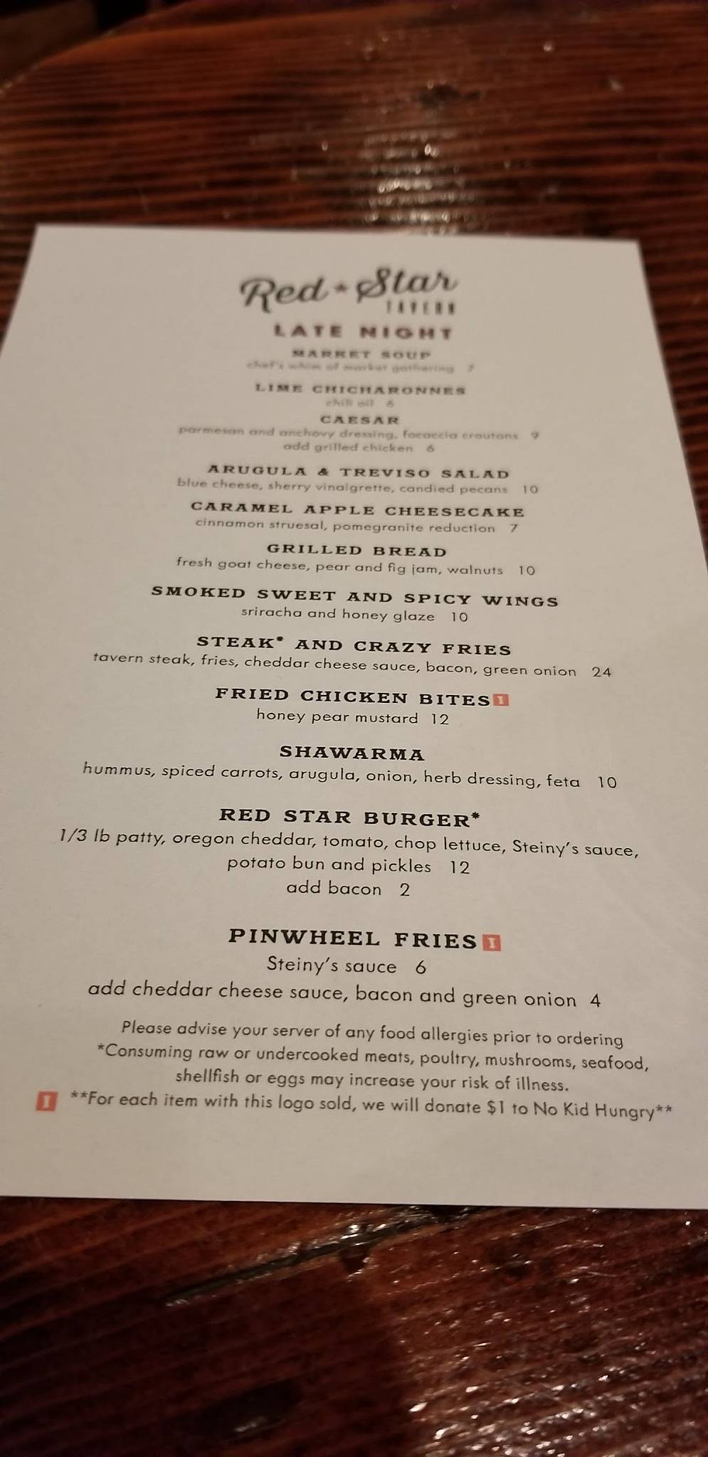 Red Star Tavern меню