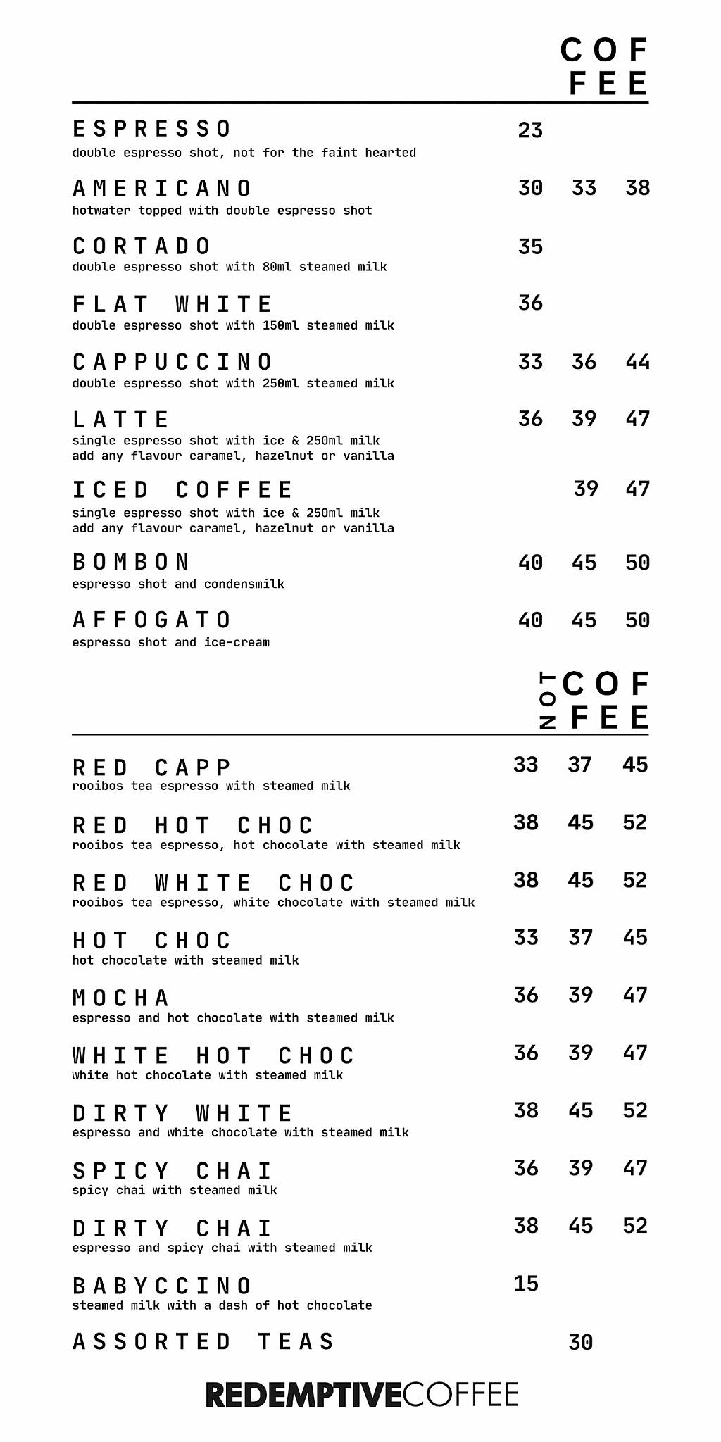 Redemptive Coffee меню