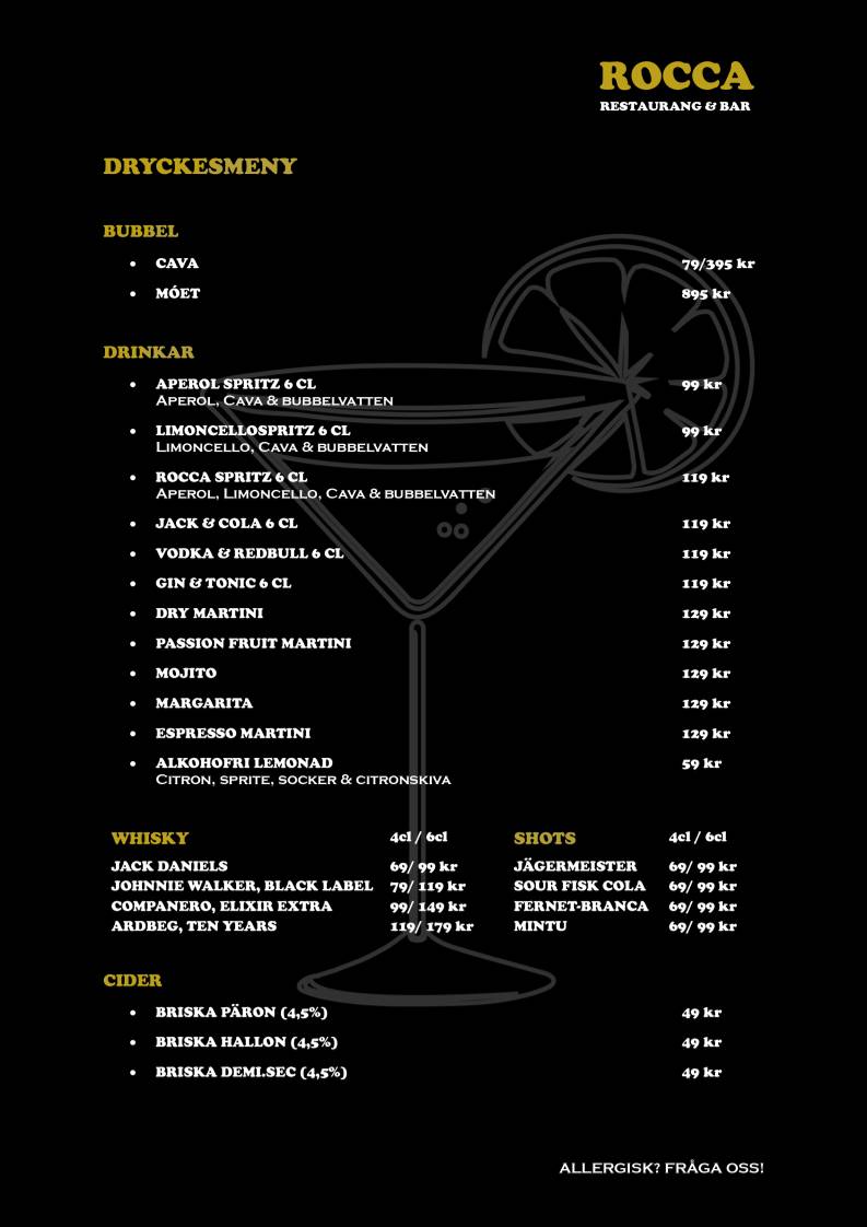 Restaurang Rocca меню