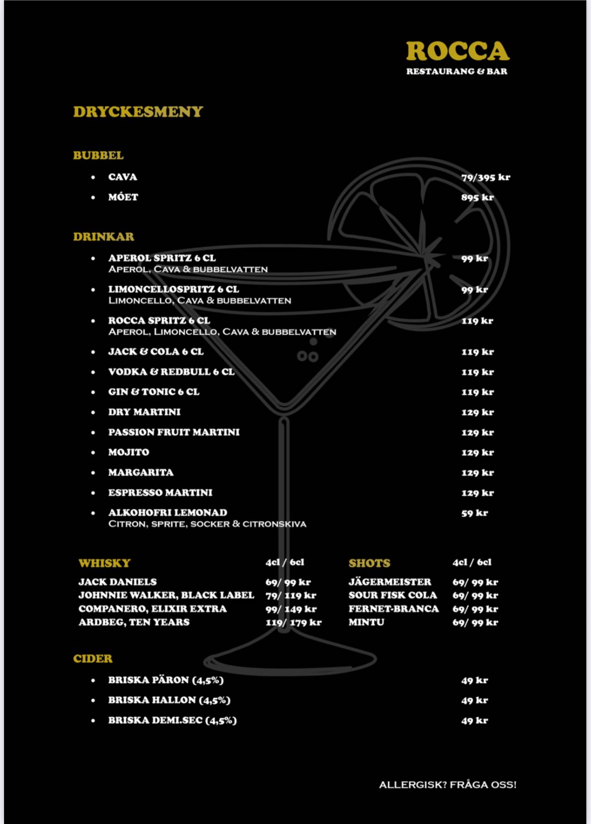Restaurang Rocca меню