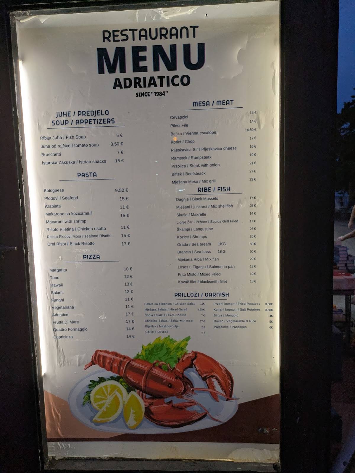 Adriatico меню