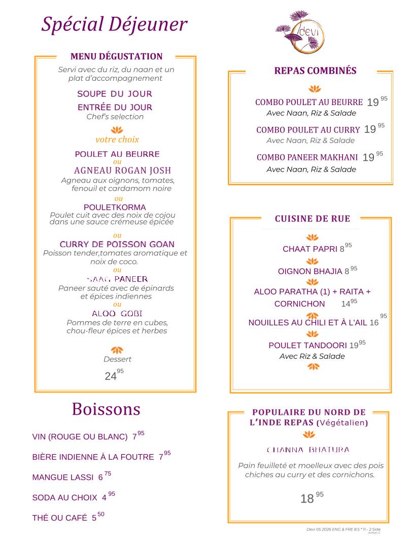 Chez Devi Authentic Halal Indian Restaurant Downtown Montreal меню