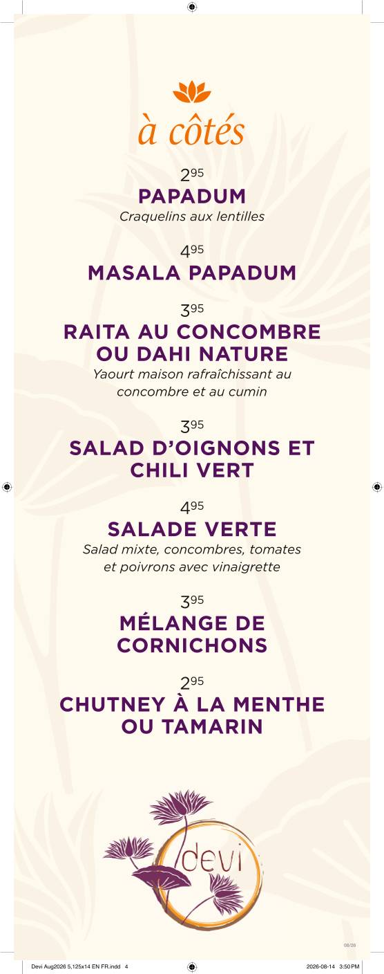 Chez Devi Authentic Halal Indian Restaurant Downtown Montreal меню