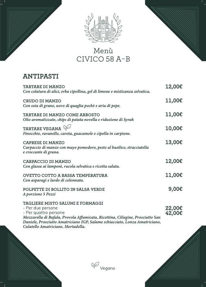 Civico58 A-B меню