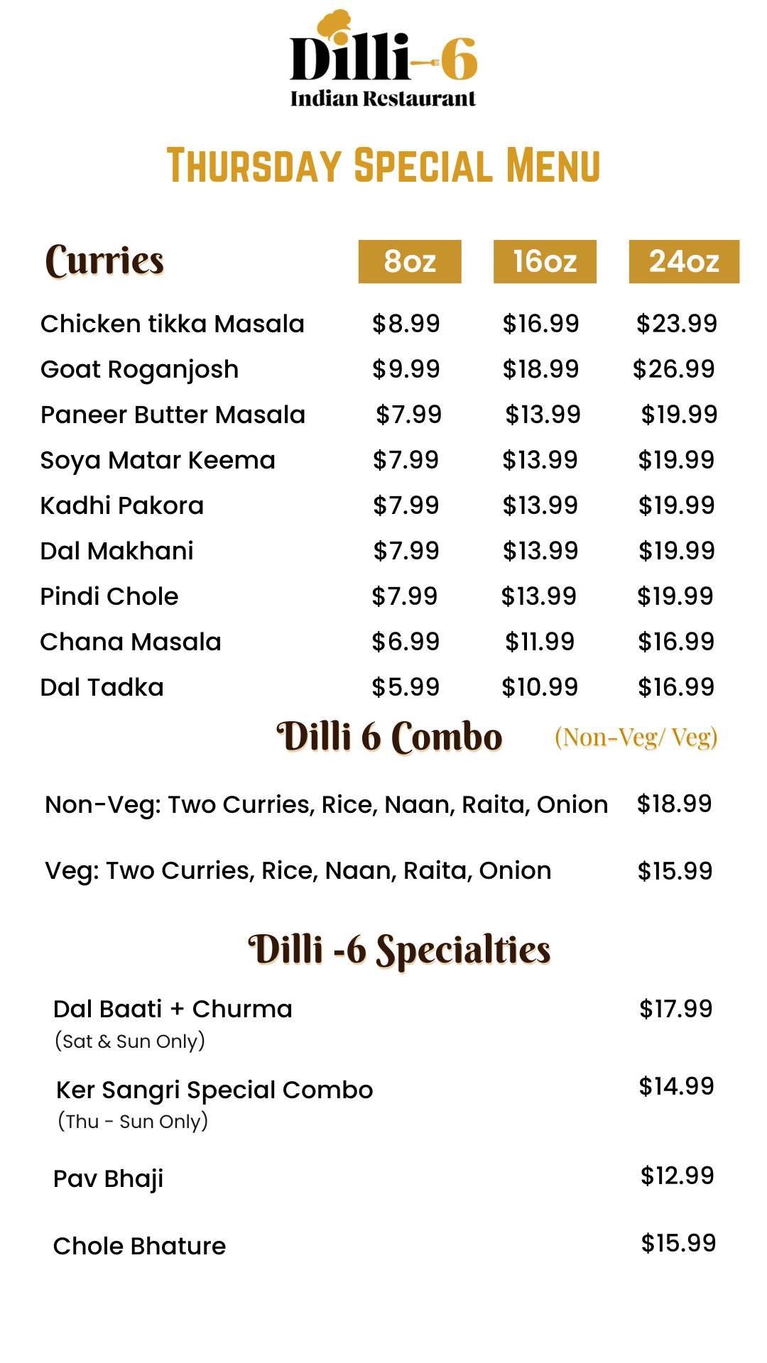Dilli-6 Indian Restaurant меню