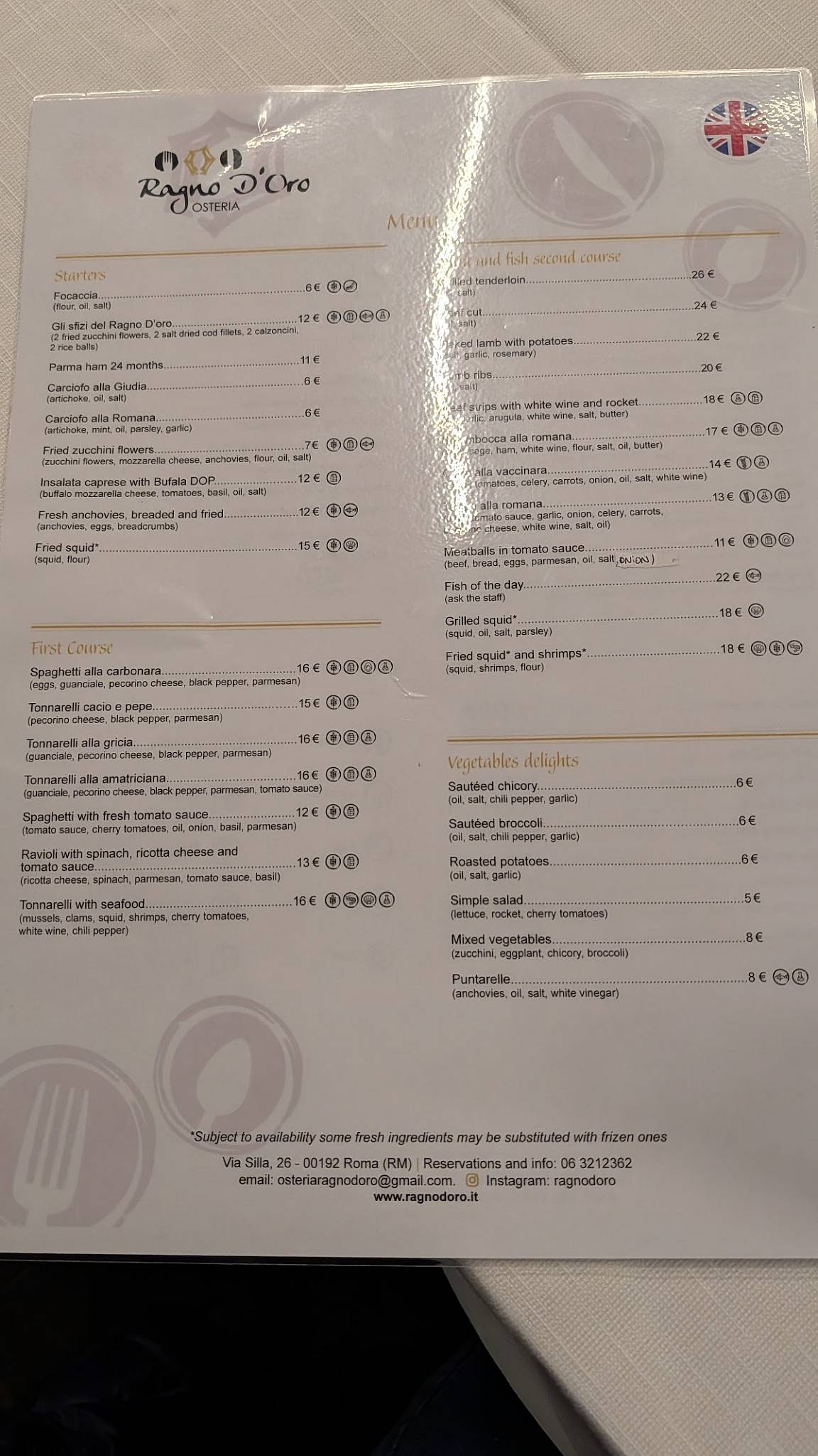 Osteria Ragno d'oro меню