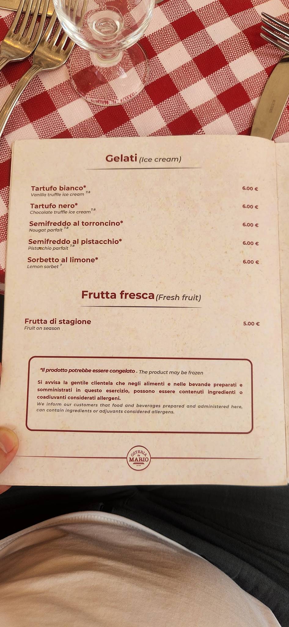 Osteria da Mario меню