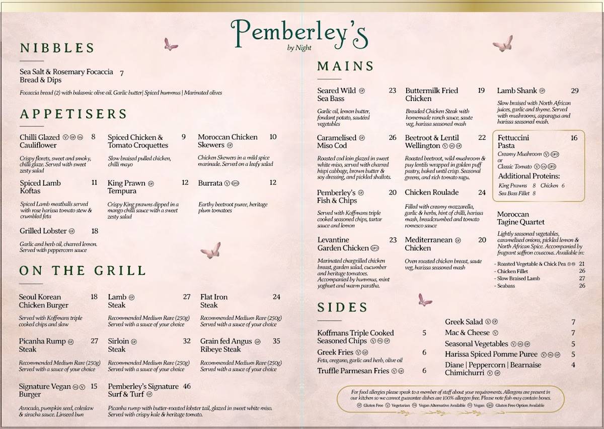 Pemberley's меню