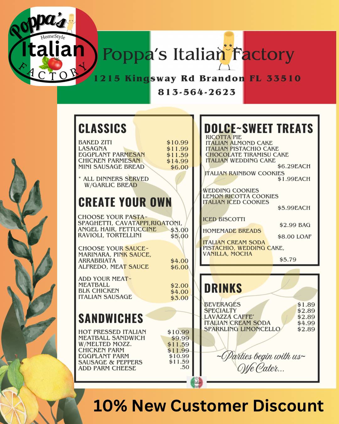 Poppa's Italian Factory меню