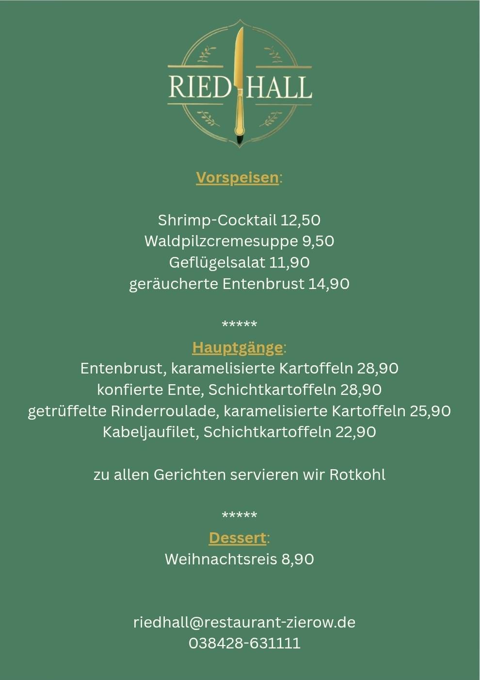 Restaurant Riedhall меню