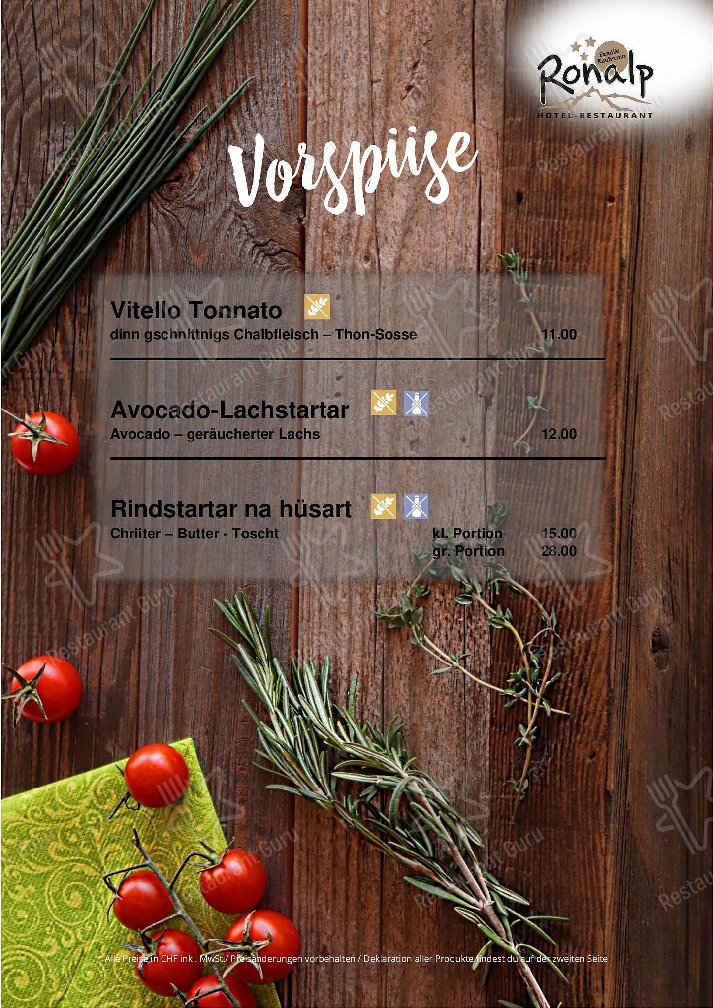 Wine Menu ресторана Restaurant Ronalp в Бюрхене