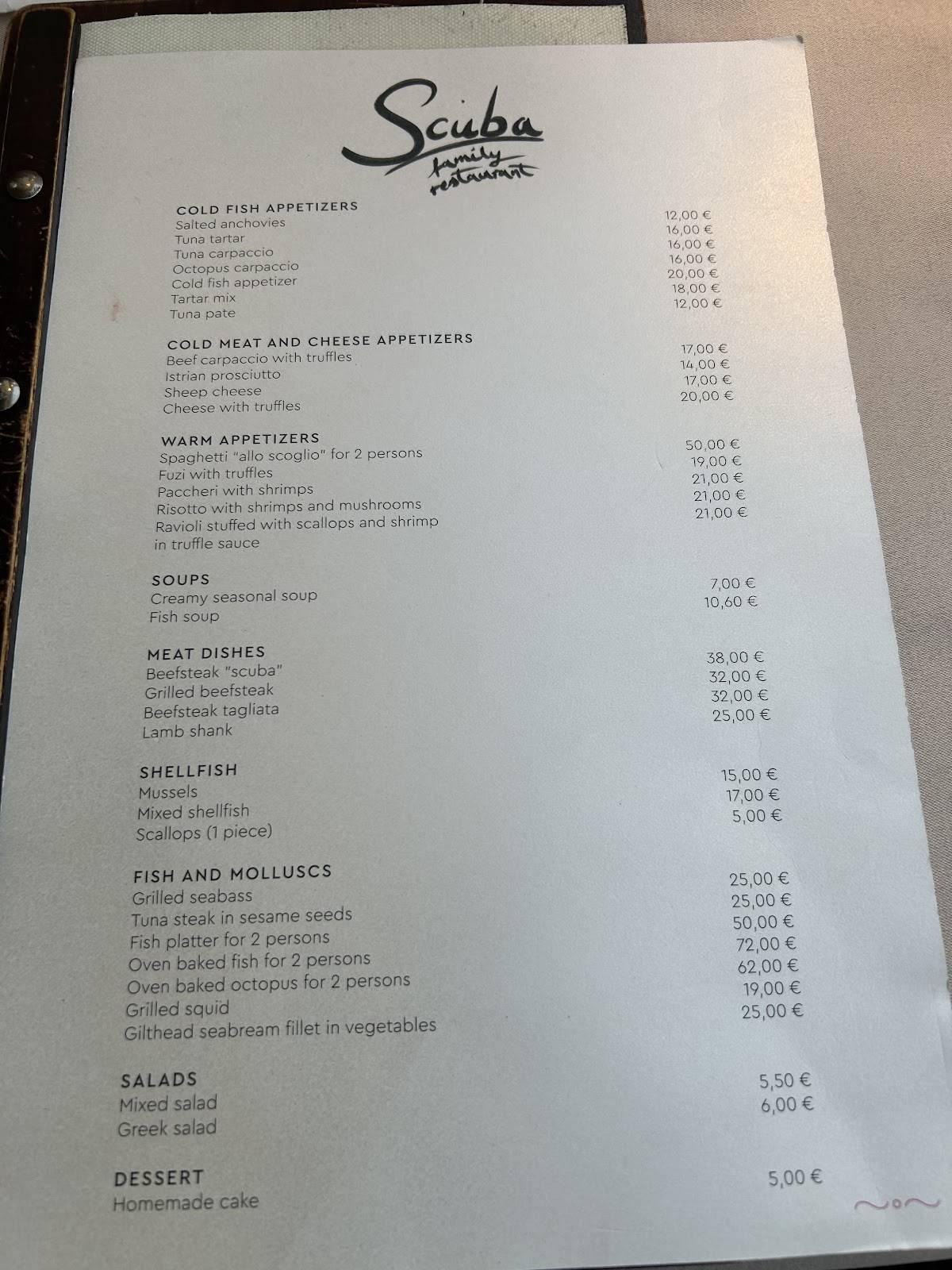Scuba restaurant меню