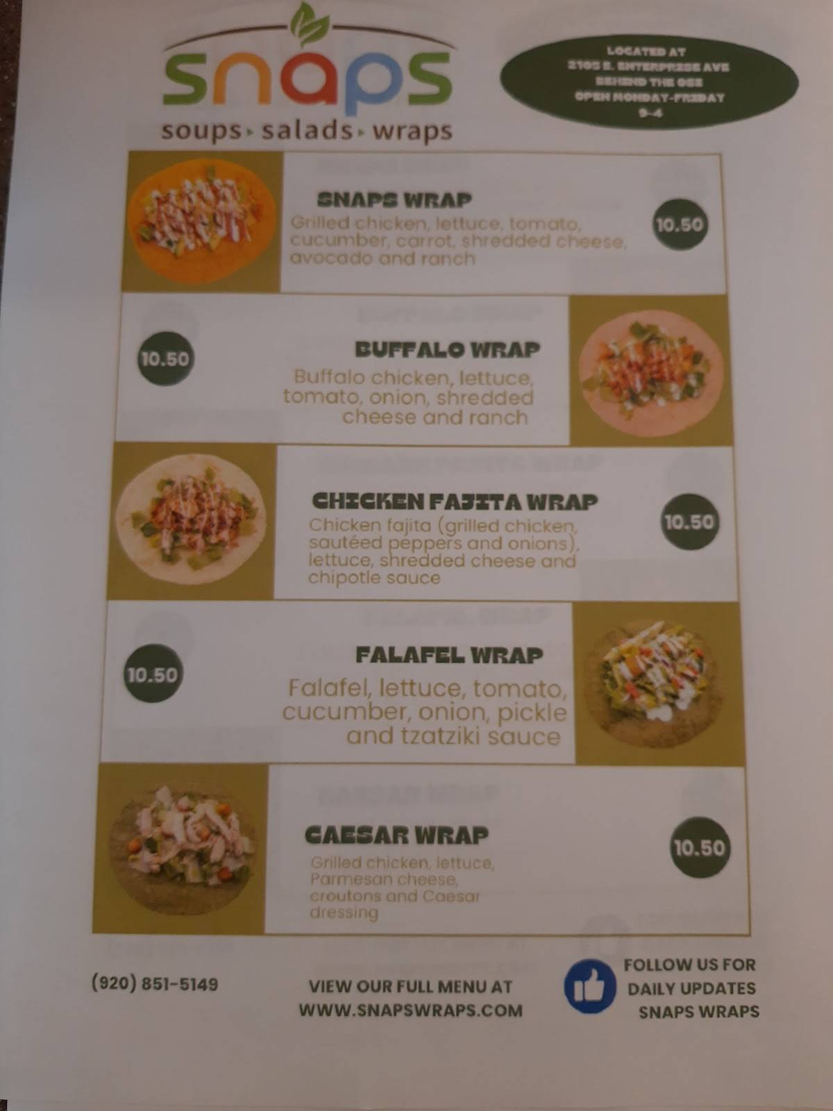 Snaps Wraps меню