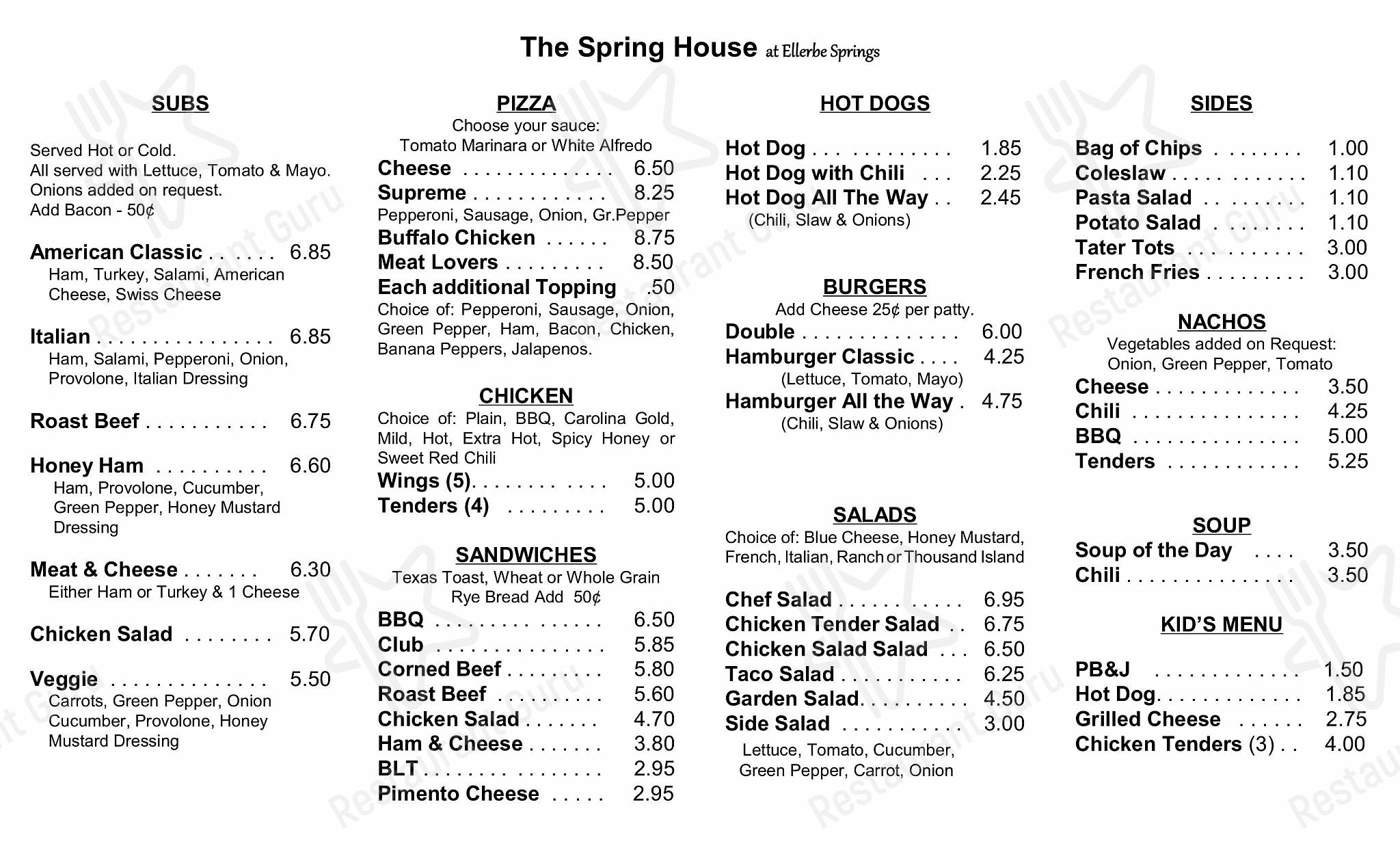 Меню ресторана Ellerbe Springs Resort