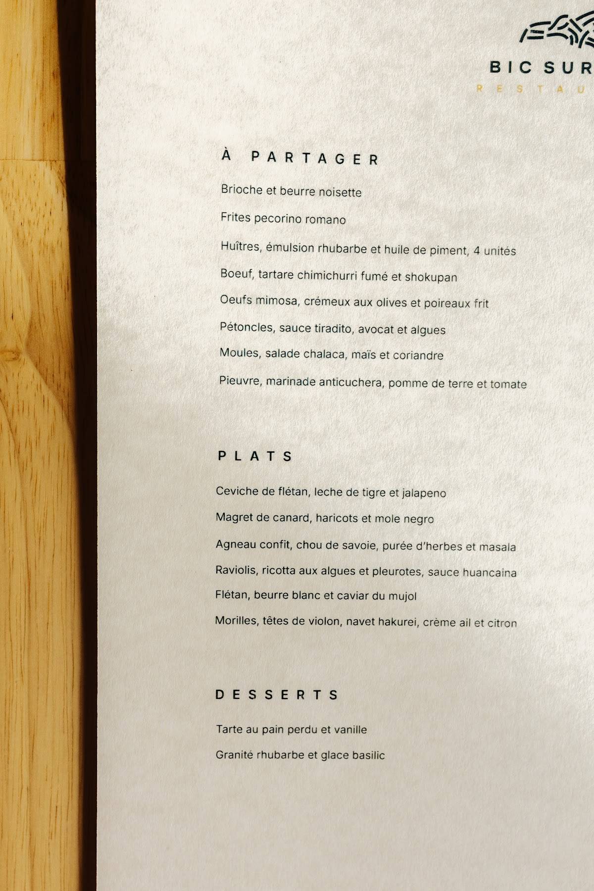 Restaurant de Bic sur Mer меню