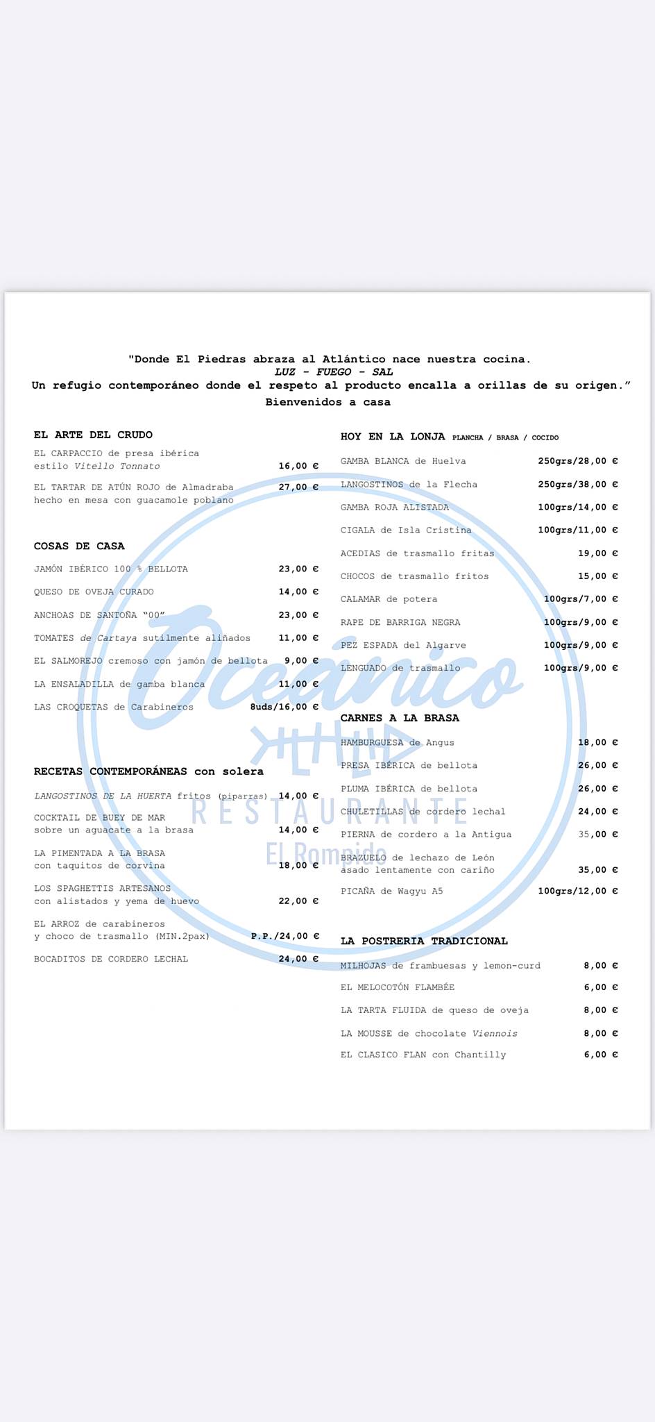 Restaurante Oceánico El Rompido меню