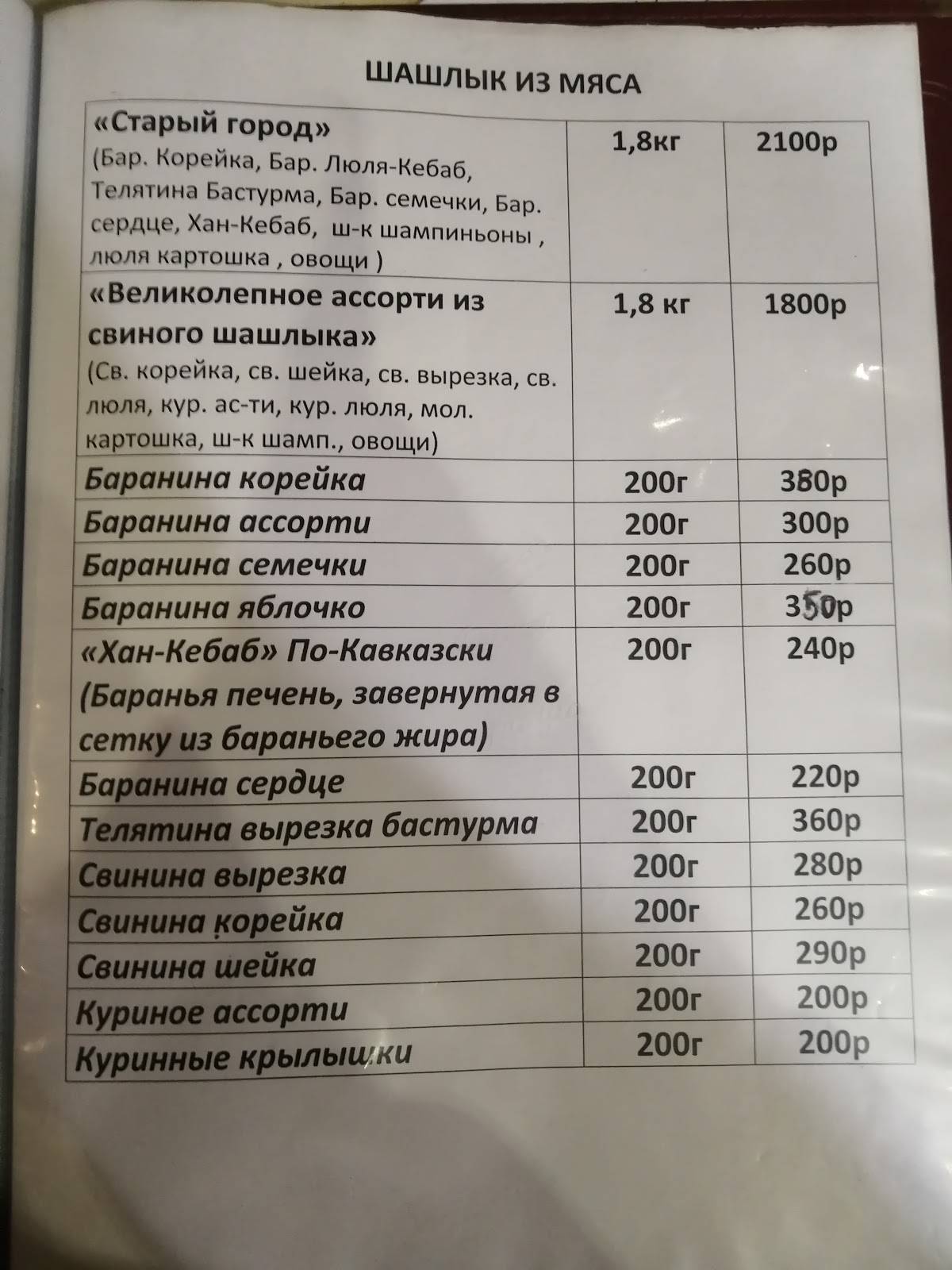 Старый город меню