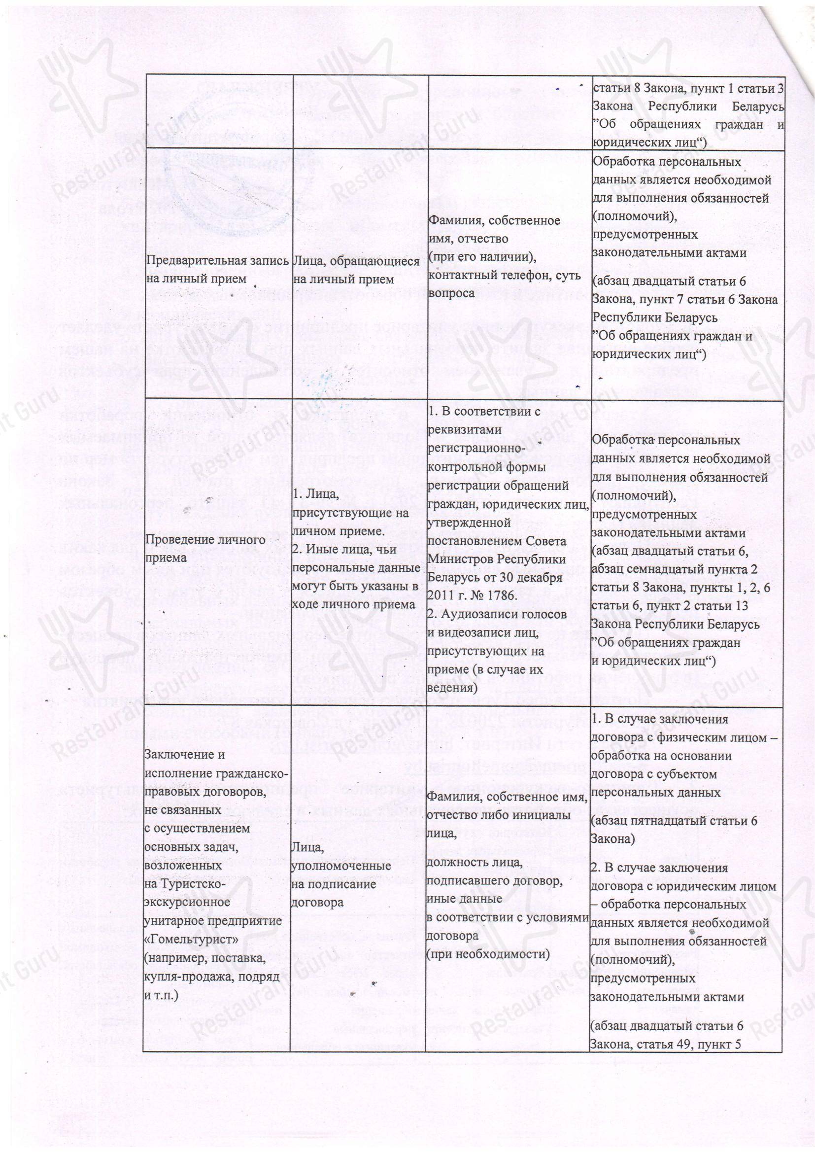 Меню ресторана Ресторан Турист - Меню