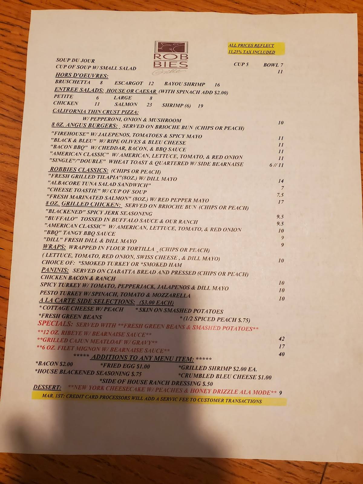 Robbies Restaurant меню