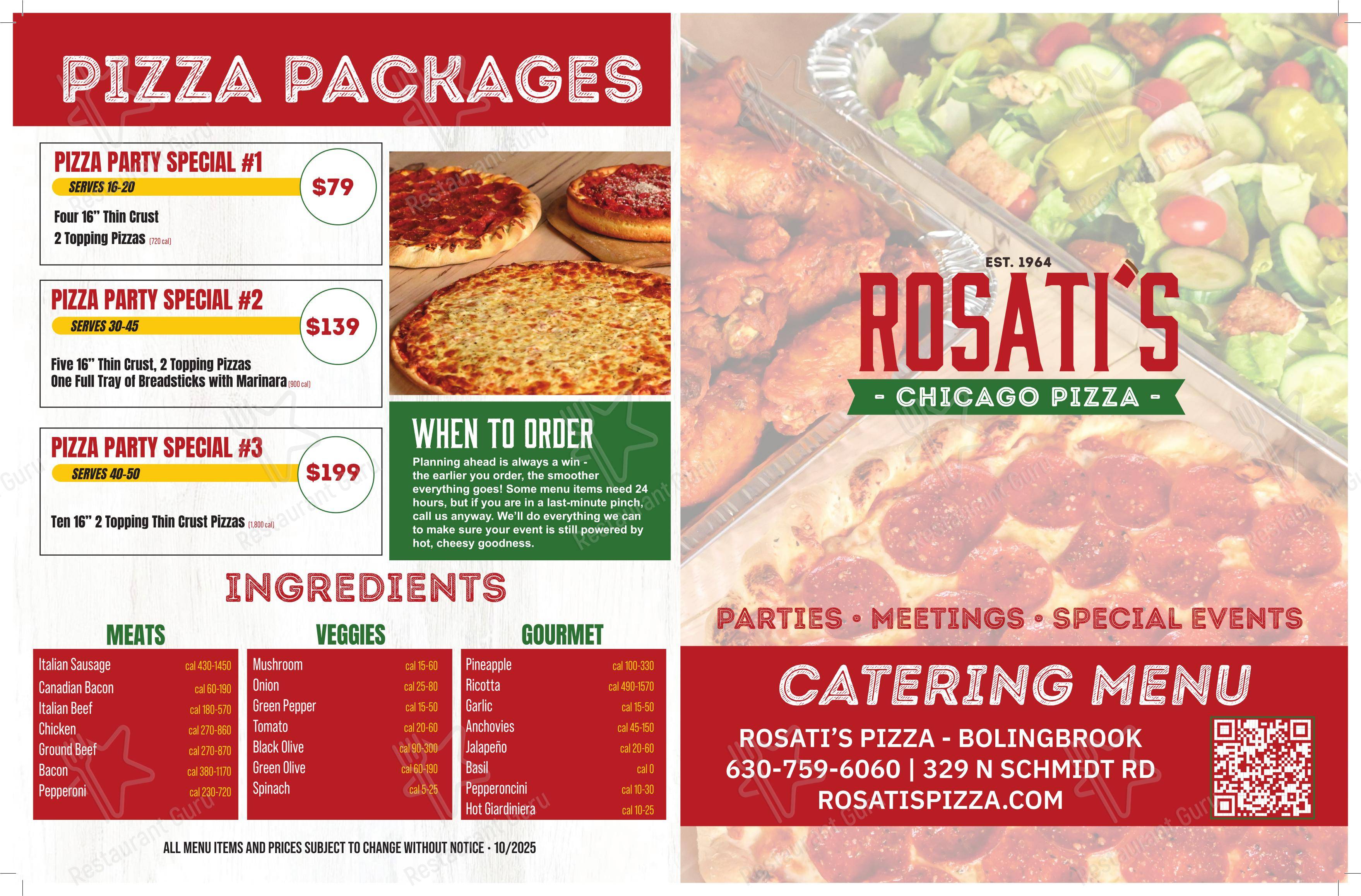 菜单 пиццерии Rosati’s Pizza