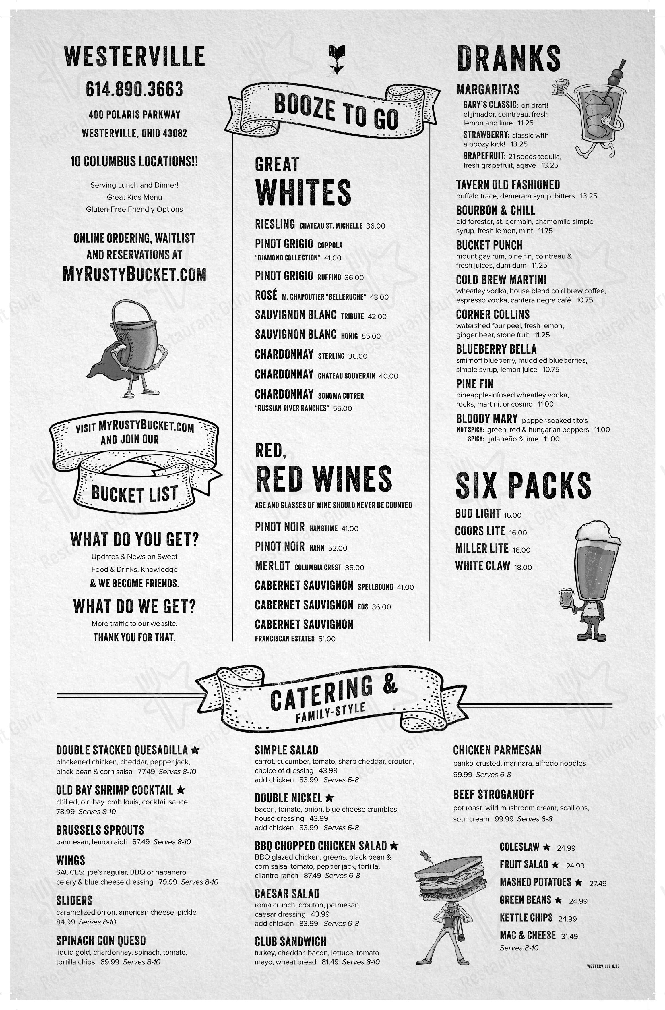 Меню паба и бара Rusty Bucket Restaurant and Tavern