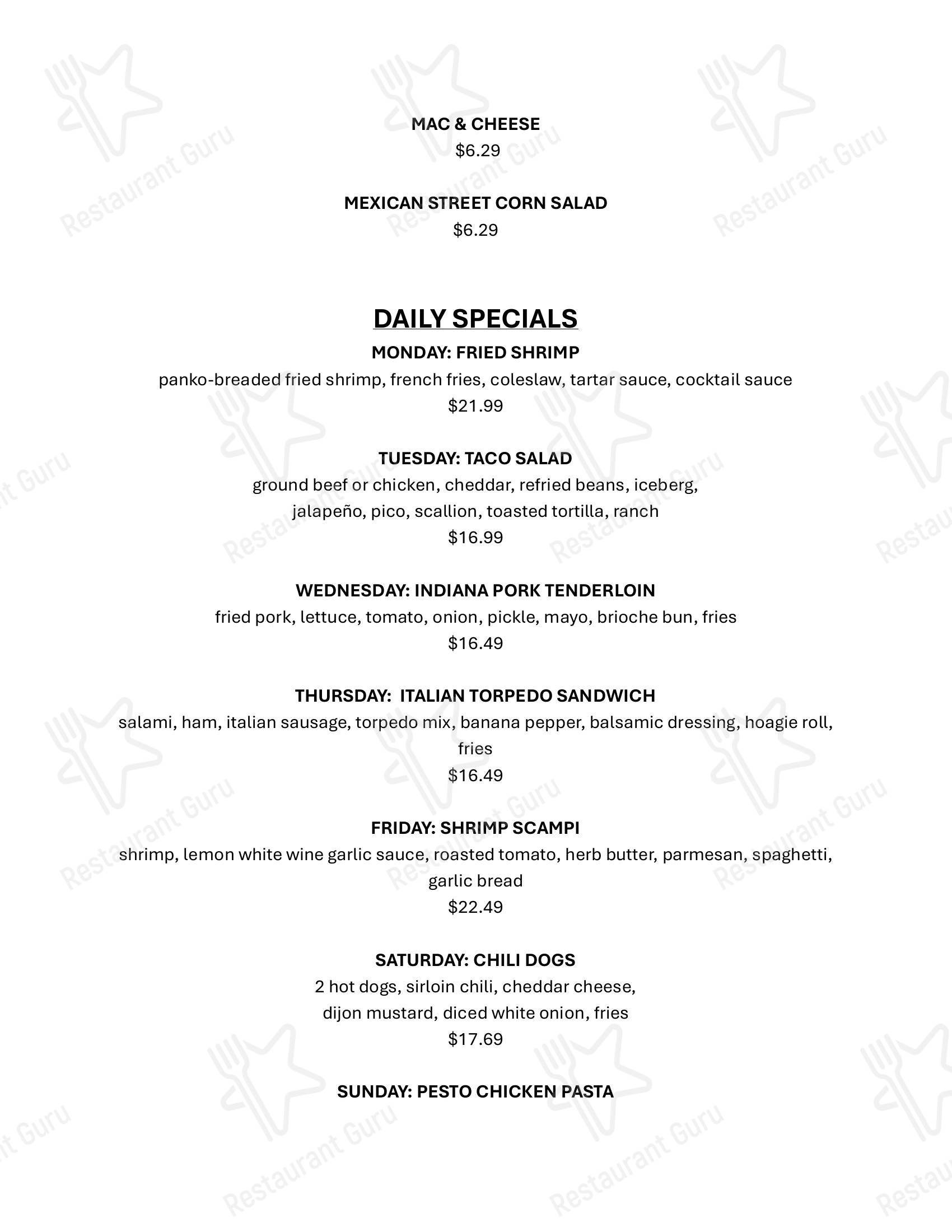 Dinner Menu паба и бара Rusty Bucket Restaurant and Tavern в Нортвилле