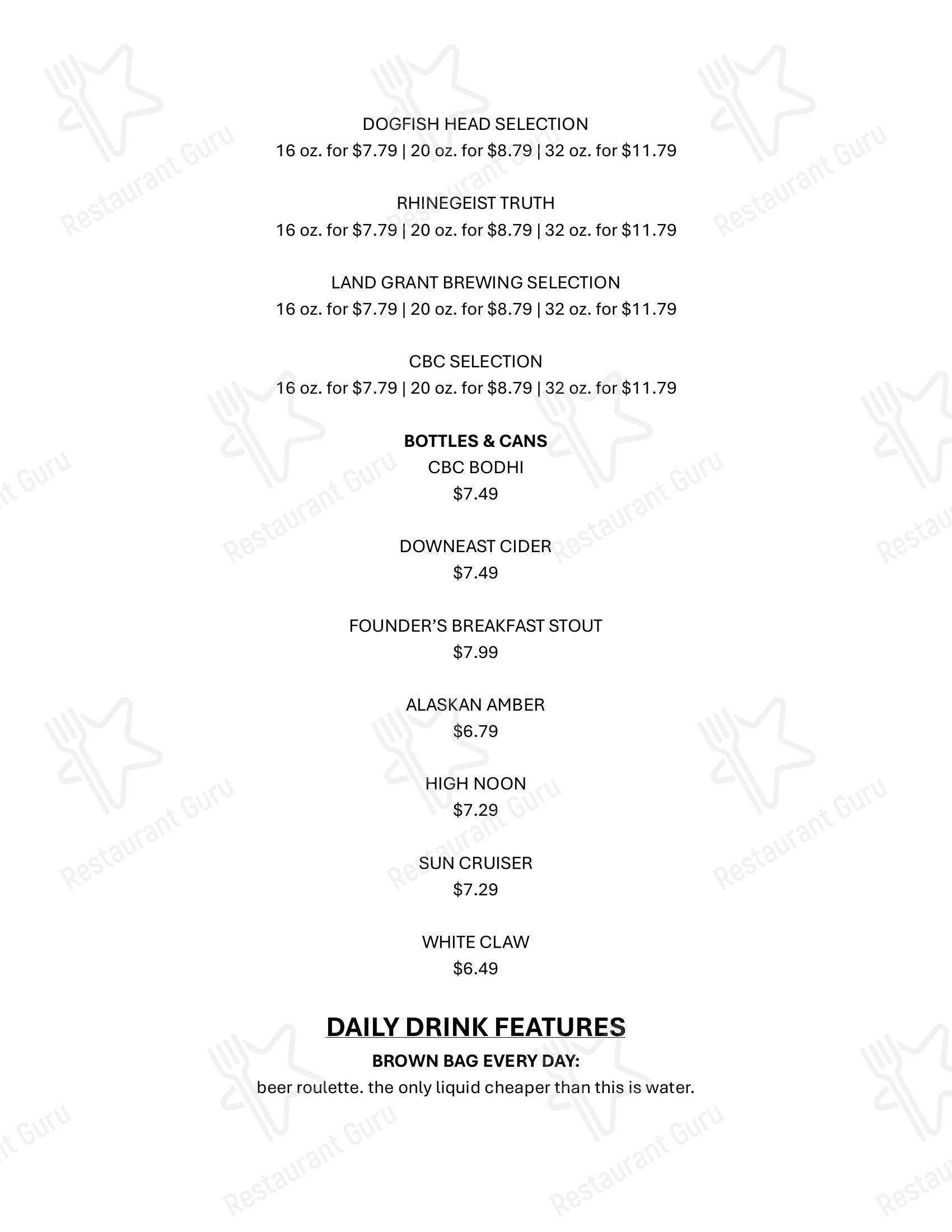 Dinner Menu паба и бара Rusty Bucket Restaurant and Tavern в Вествиле