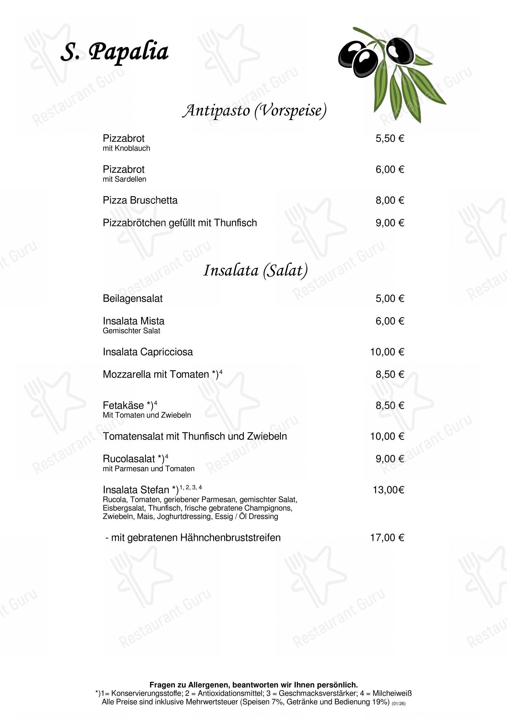 Меню ресторана S. Papalia Ristorante Pizzeria