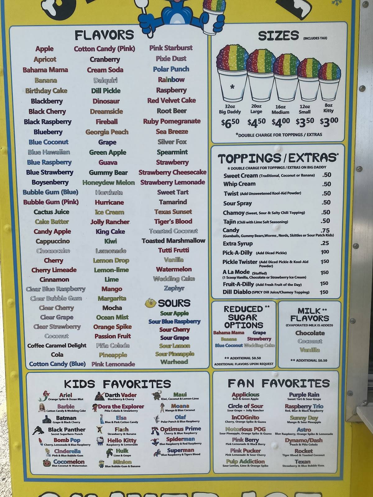 SnoDaze Shaved Ice меню