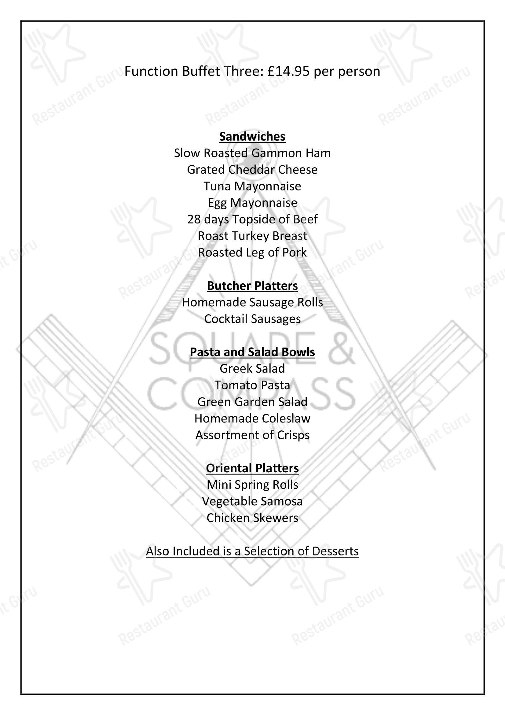 Takeaway Menu паба и бара Square & Compass, Darley Dale