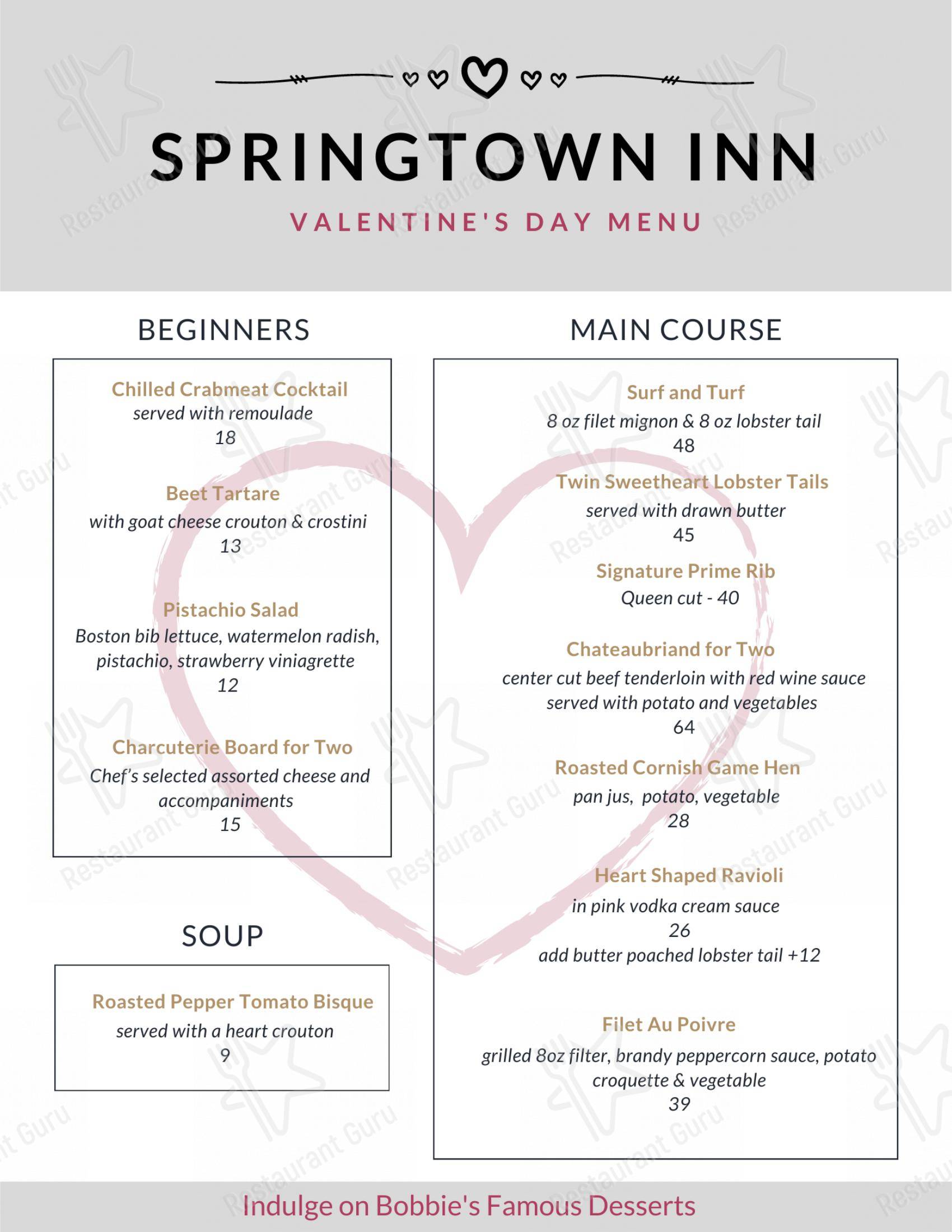 Springtown Inn в Бетлехеме - Takeaway Menu