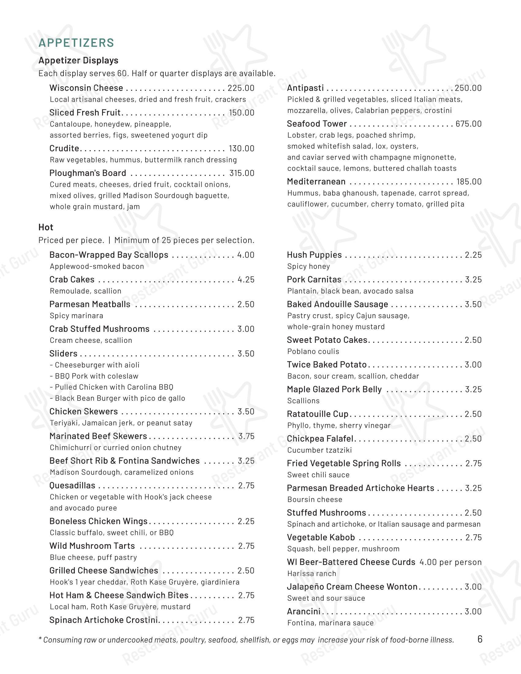 Меню ресторана Steenbock's On Orchard в Мадисне
