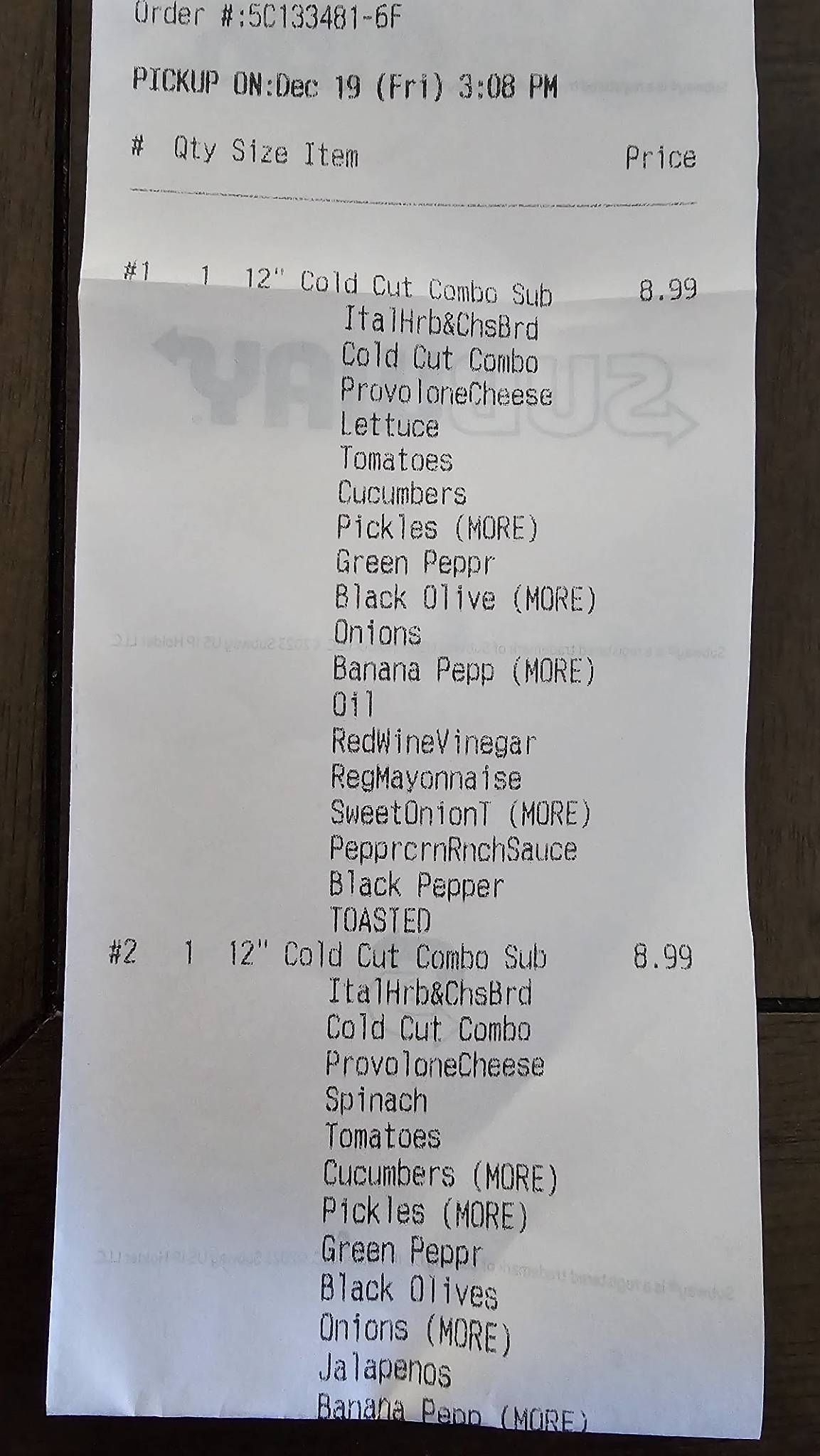 Subway меню