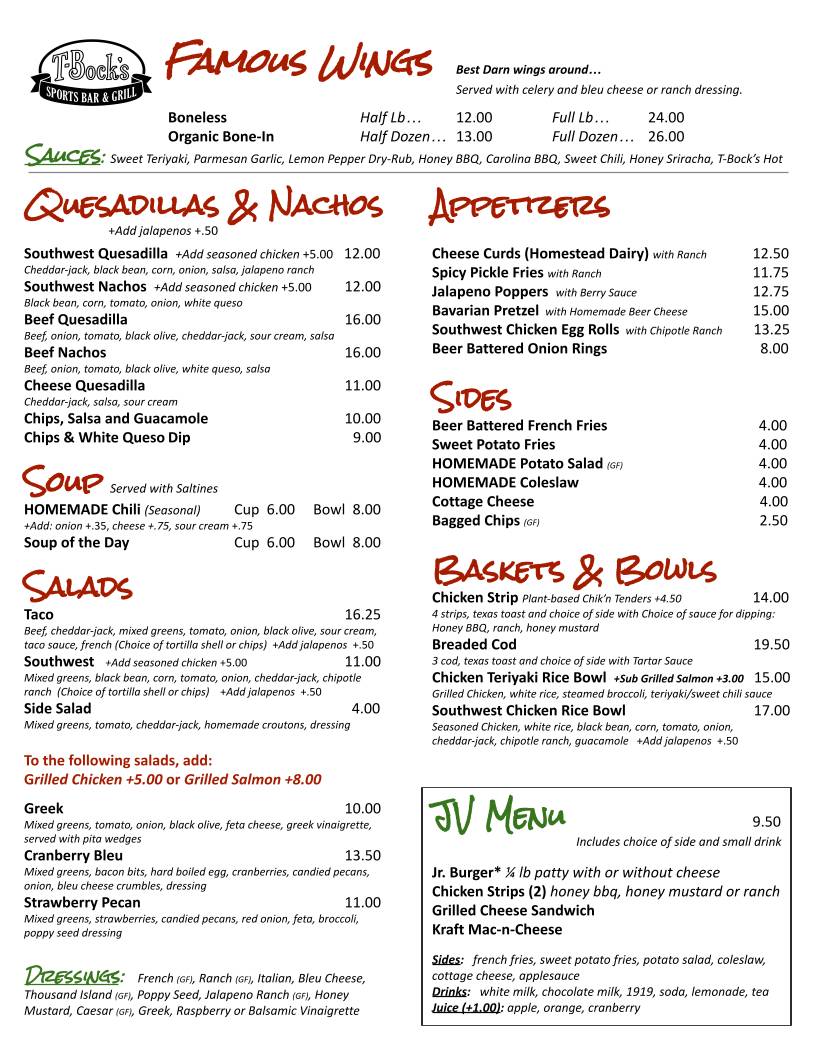 T-Bock's Sports Bar & Grill меню