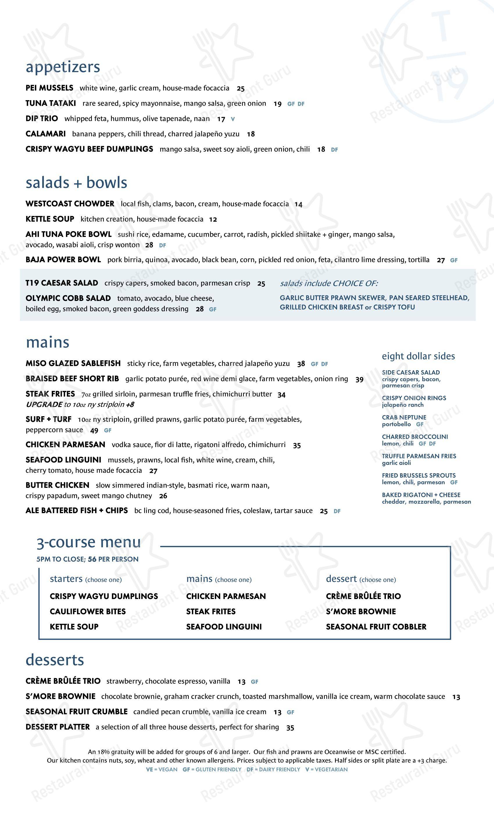 Меню ресторана Table Nineteen Victoria в Колвуде