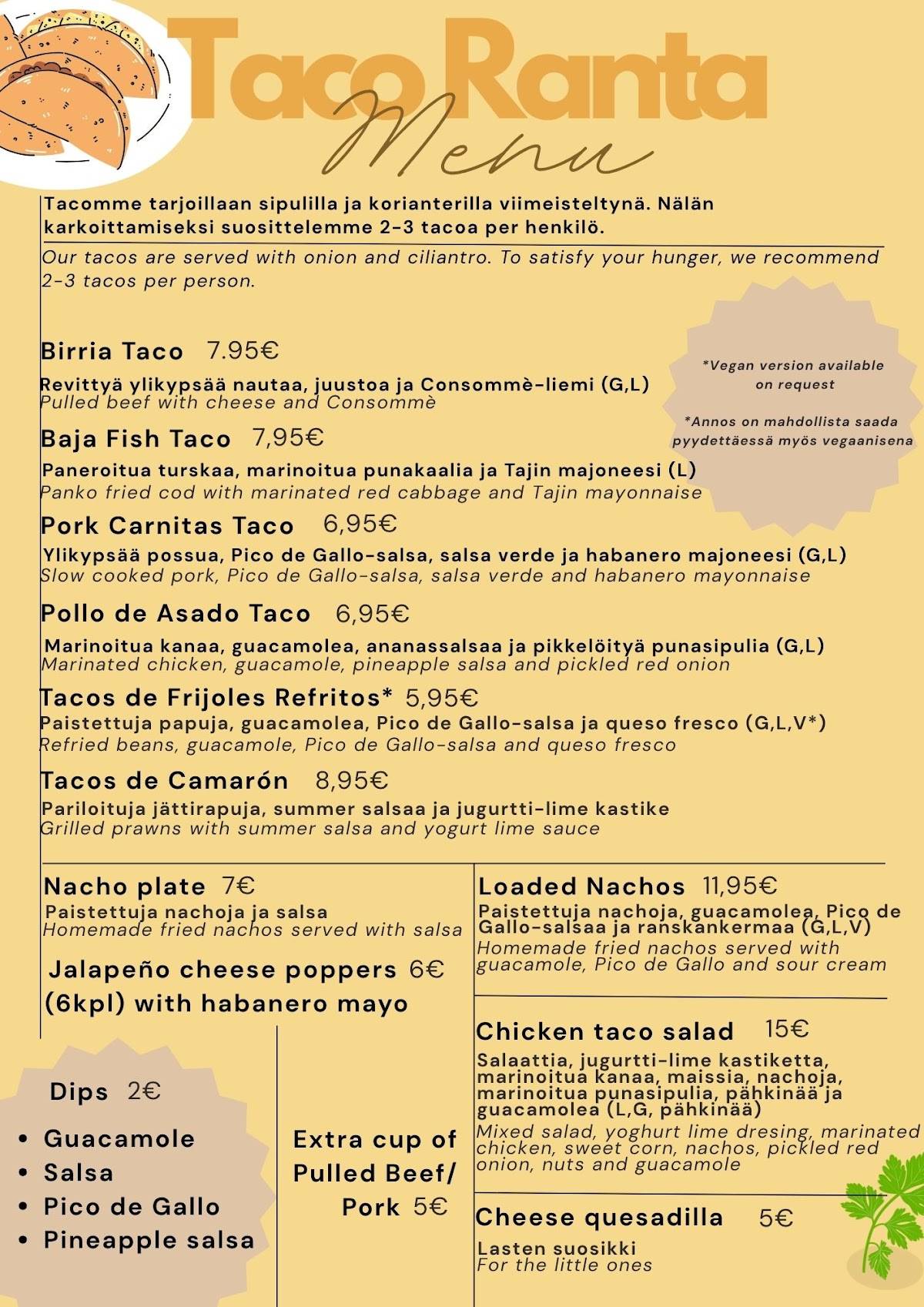 Taco Ranta меню