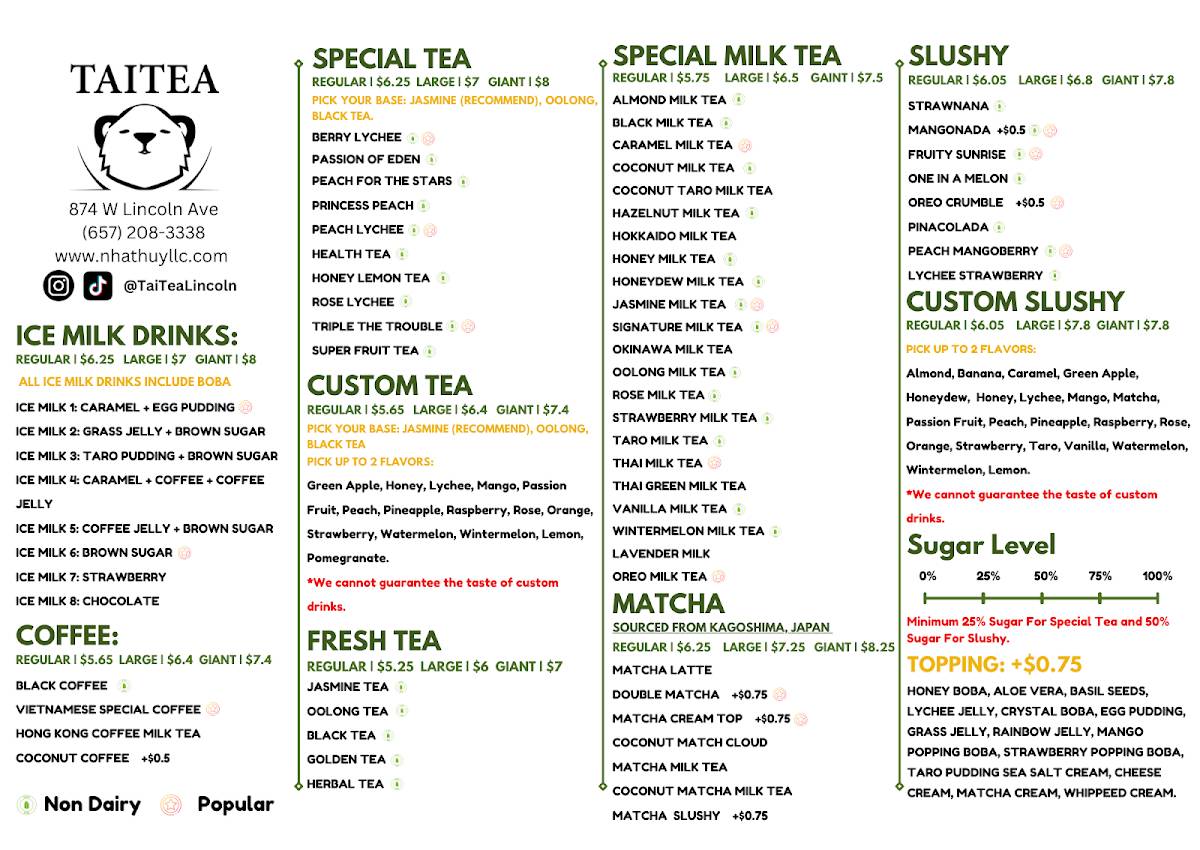 Tai Tea x The V Kitchen меню