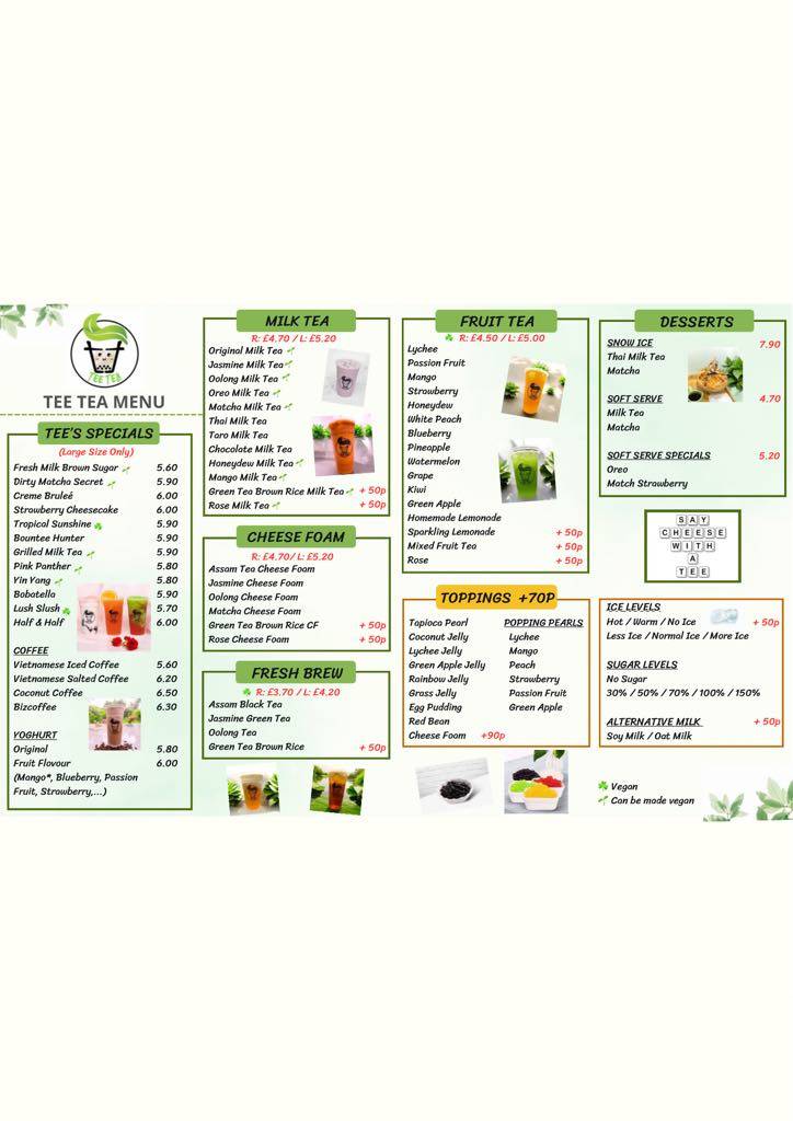 Tee Tea Bubble Tea меню