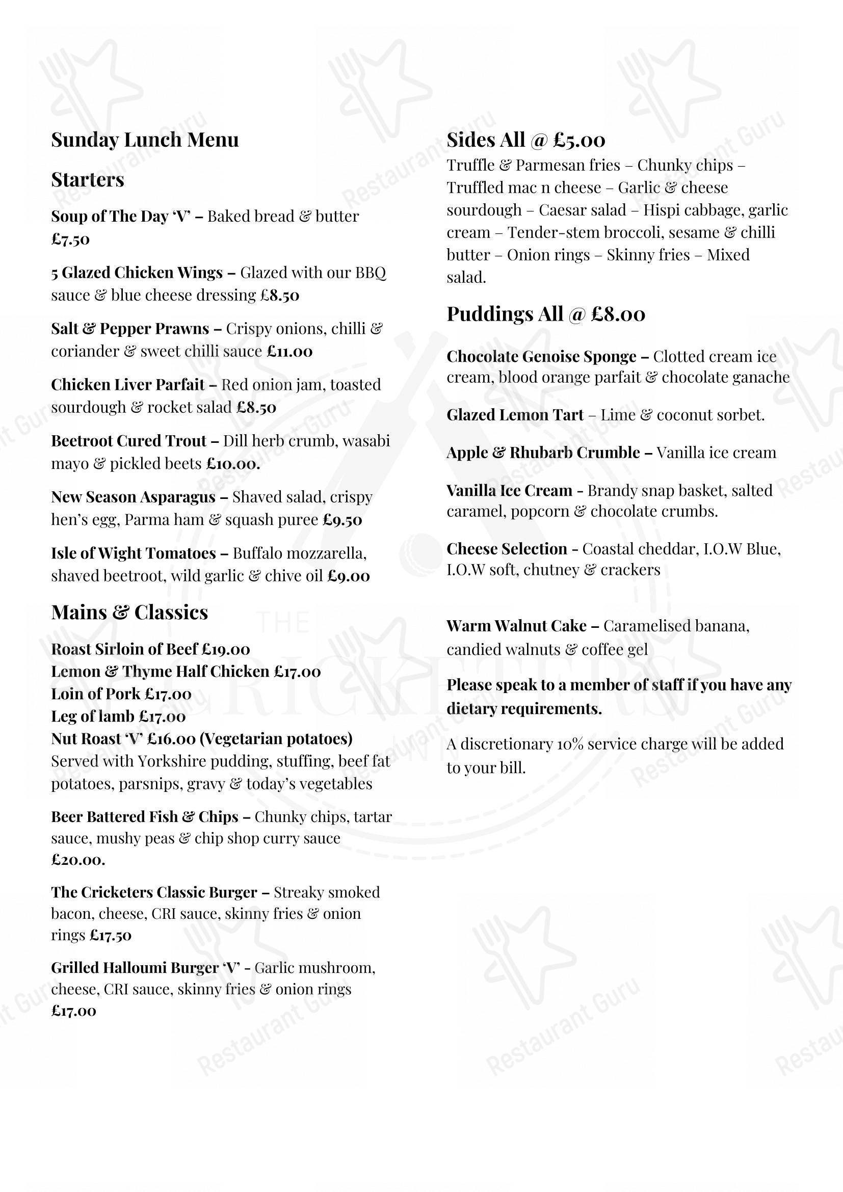 At Home Catering Menu паба и бара The Cricketers Inn