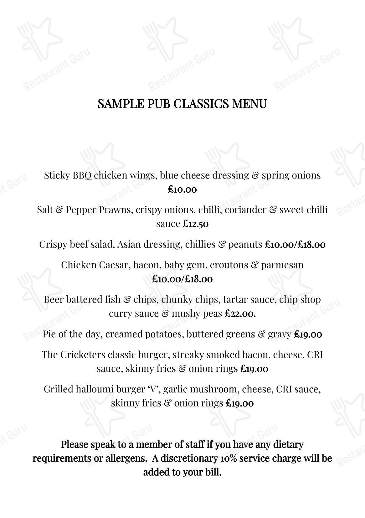 Takeaway Menu паба и бара The Cricketers Inn