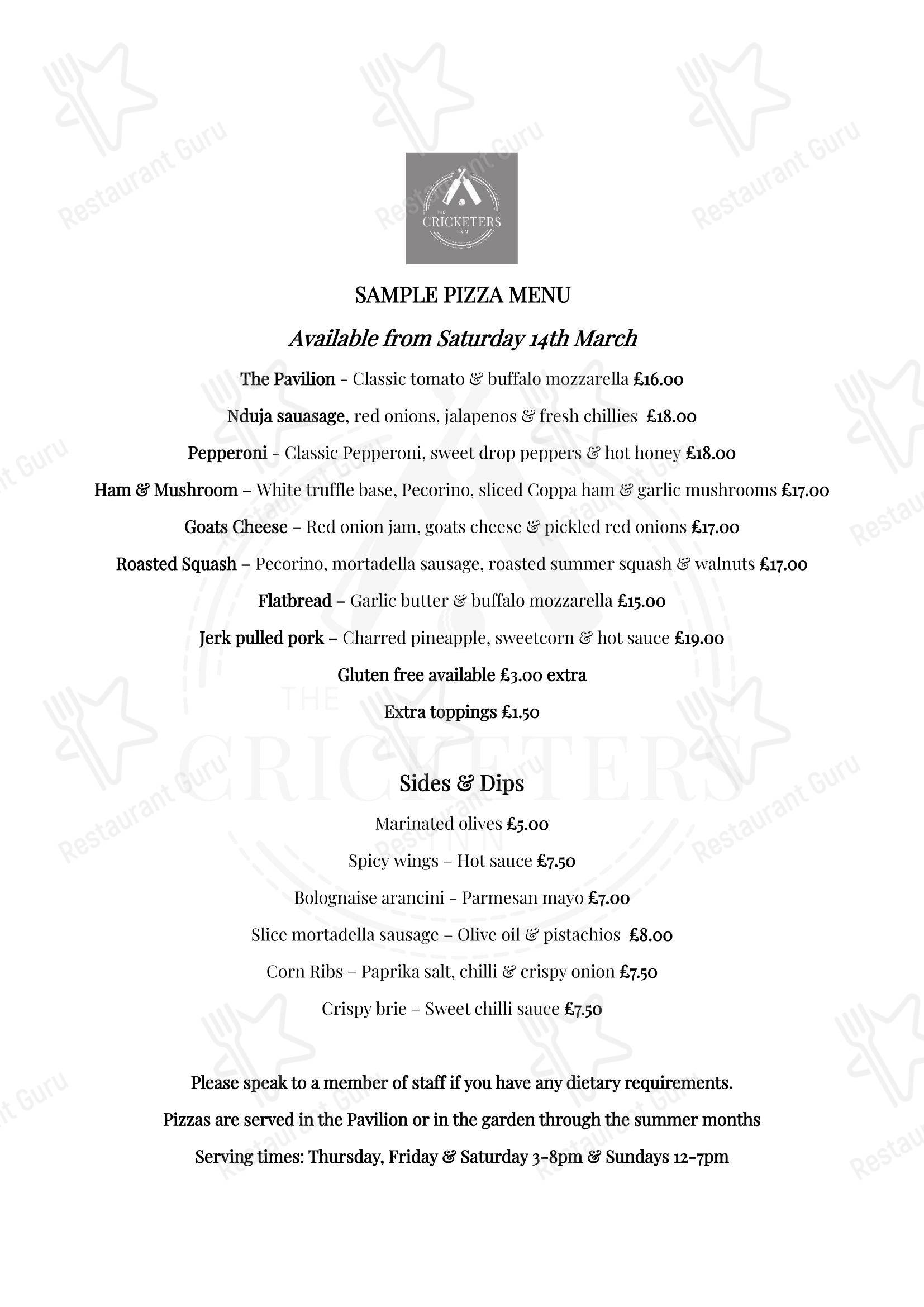 Меню паба и бара The Cricketers Inn - Breakfast Menu