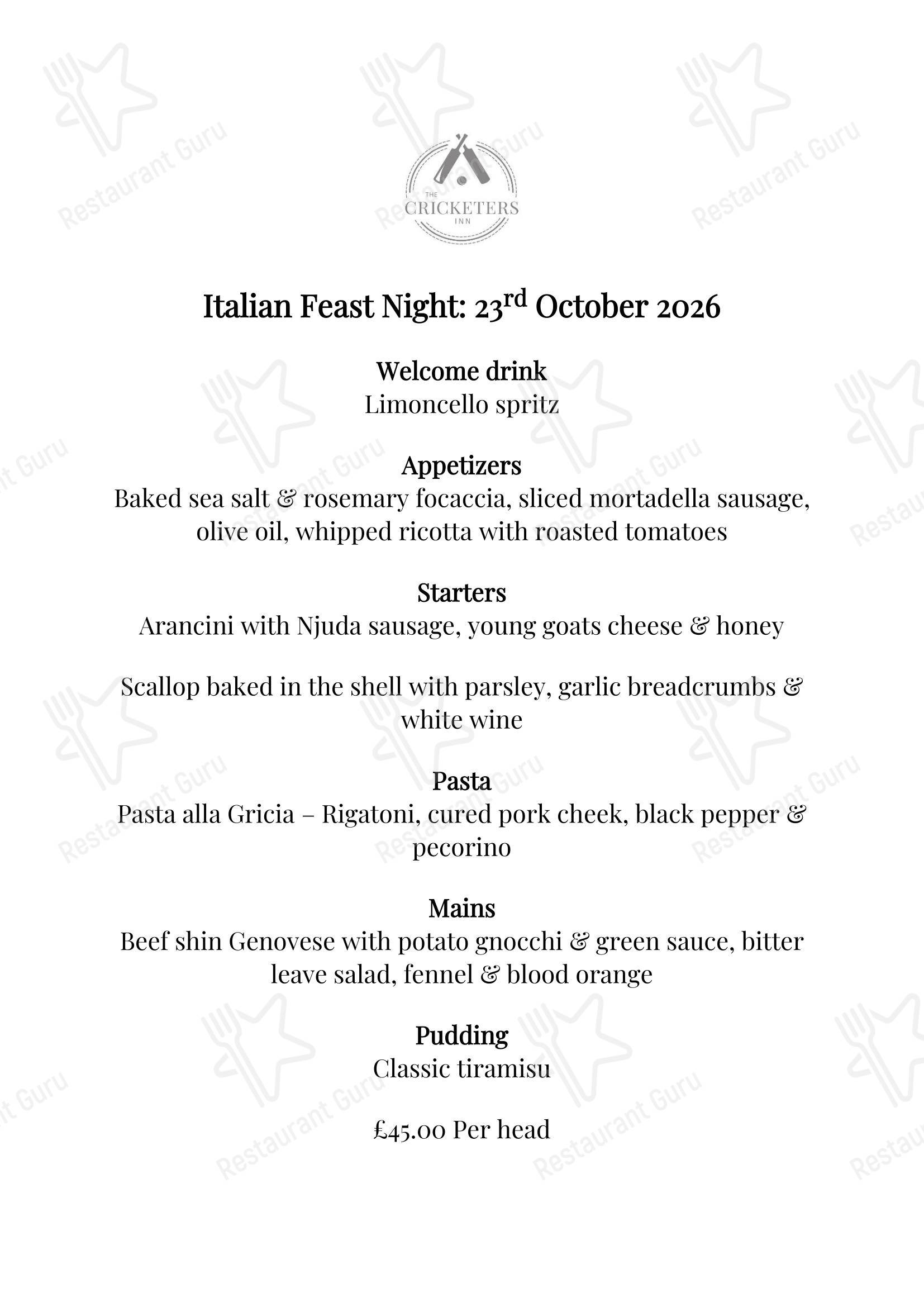 Group Booking Menu паба и бара The Cricketers Inn в Уолтеме Чейз