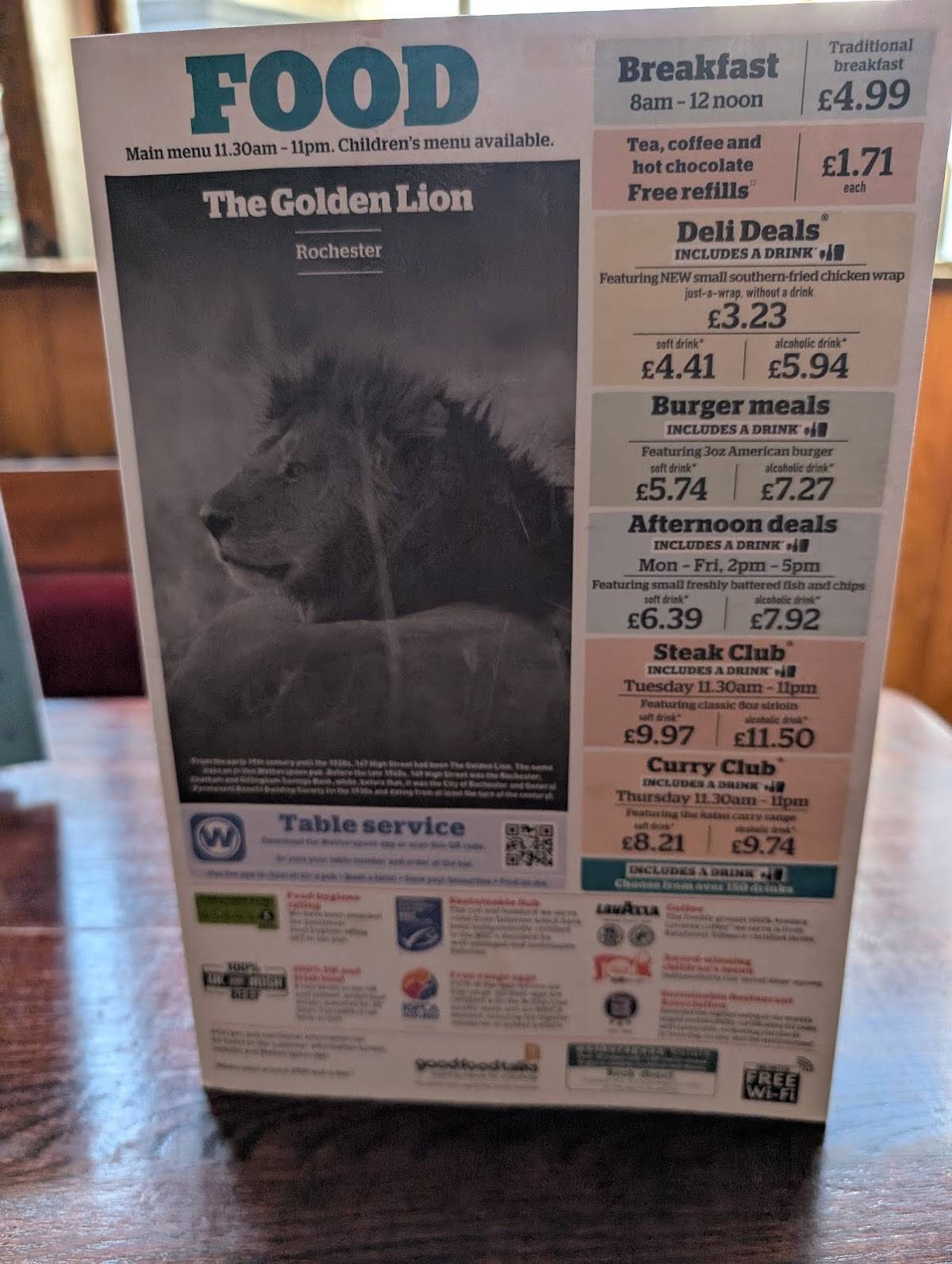 The Golden Lion меню
